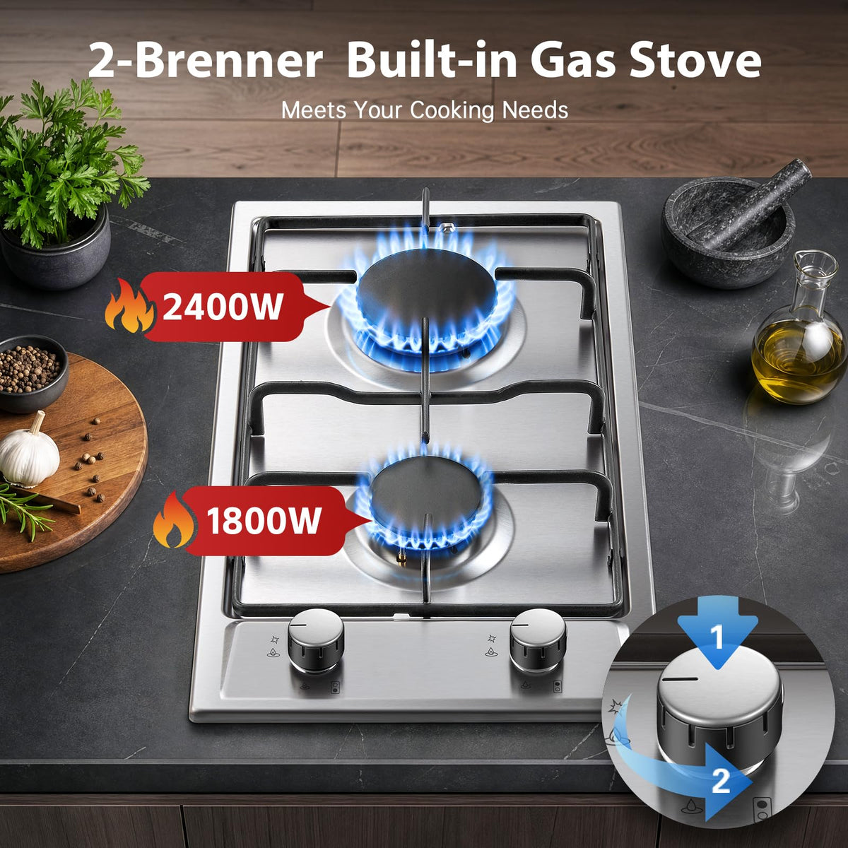 SNDOAS Gas Hob 4 Burners, NG/LPG Convertible, Built-in Black Glass Gas Hob with Wok Burner, Flame Failure Protection, 8000W, YYUKGCT-B04