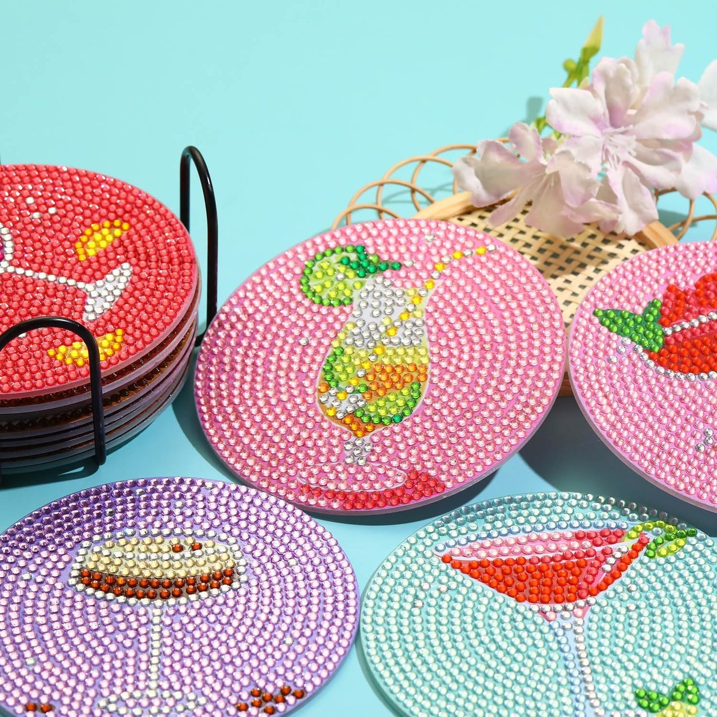 8Pcs Diamond Painting Coasters with Holder,DIY Cocktail Life Coaster Diamond Art Kits for Adults Kids,Beginners Round Full Drill Diamonds Art Craft Supplies