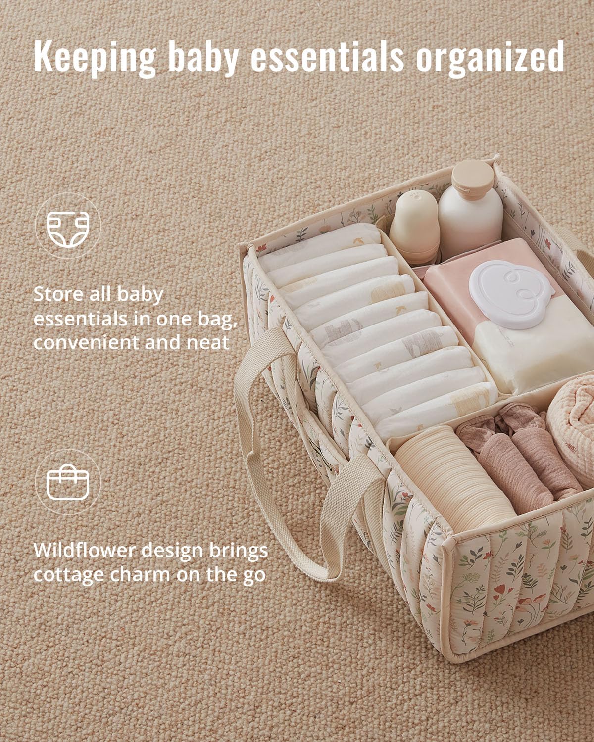 Blissful Diary Nappy Caddy Organiser, Baby Diaper Caddy for Nappy Station, Stylish Storage Basket for Newborn Essentials, Baby Shower Gifts for Girl or Boy, Woodland Cream