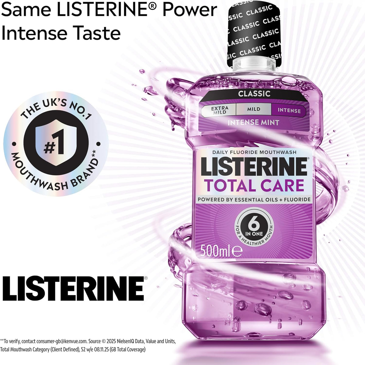 Listerine Total Care Intense Taste Classic Antibacterial Mouthwash (500ml), Fresh Mint Blast Flavour with 6-in-1 Benefits, Helps Reduce Plaque and Freshens Breath