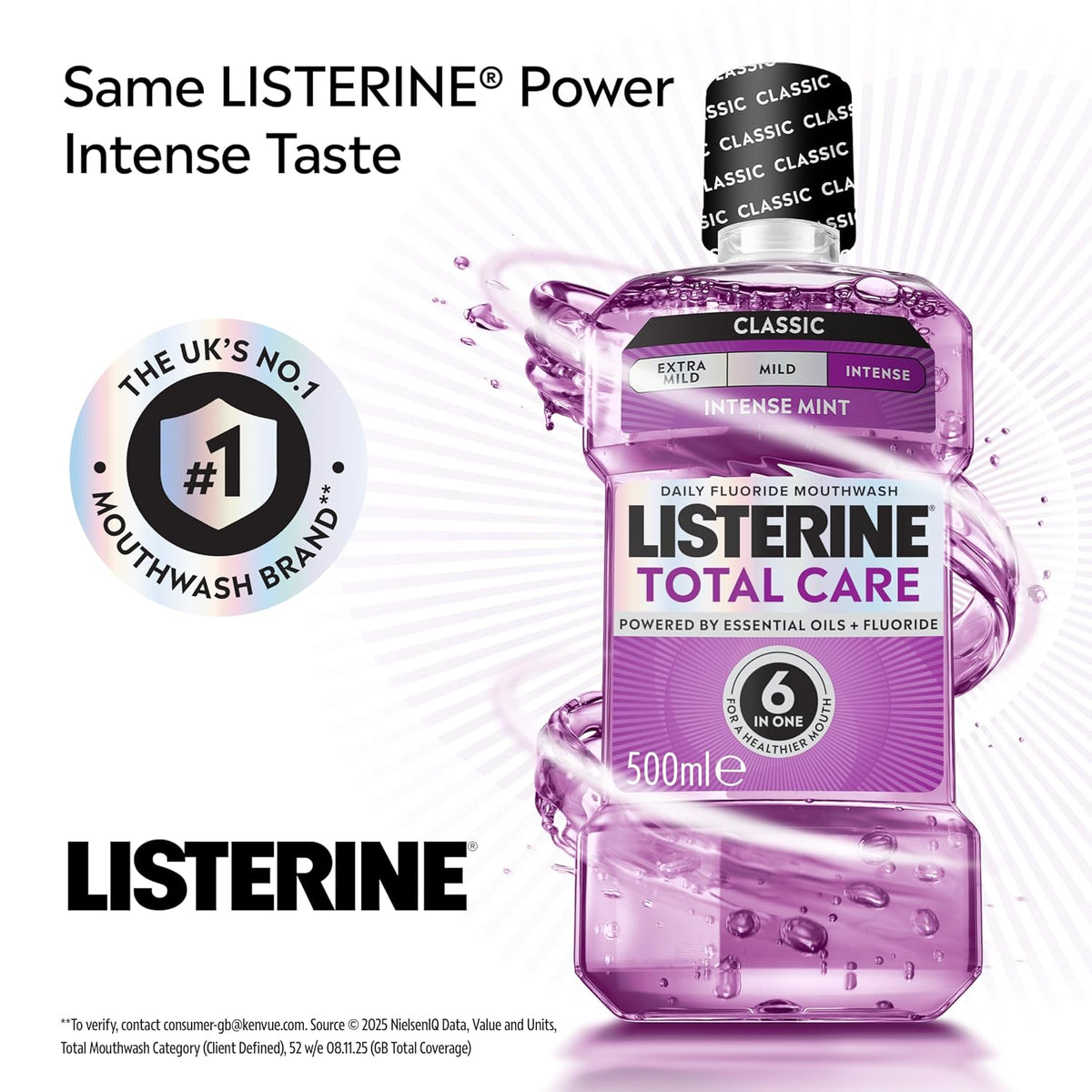 Listerine Total Care Intense Taste Classic Antibacterial Mouthwash (1000ml), Fresh Mint Blast Flavour With 6-in-1 Benefits, Helps Reduce Plaque and Freshens Breath