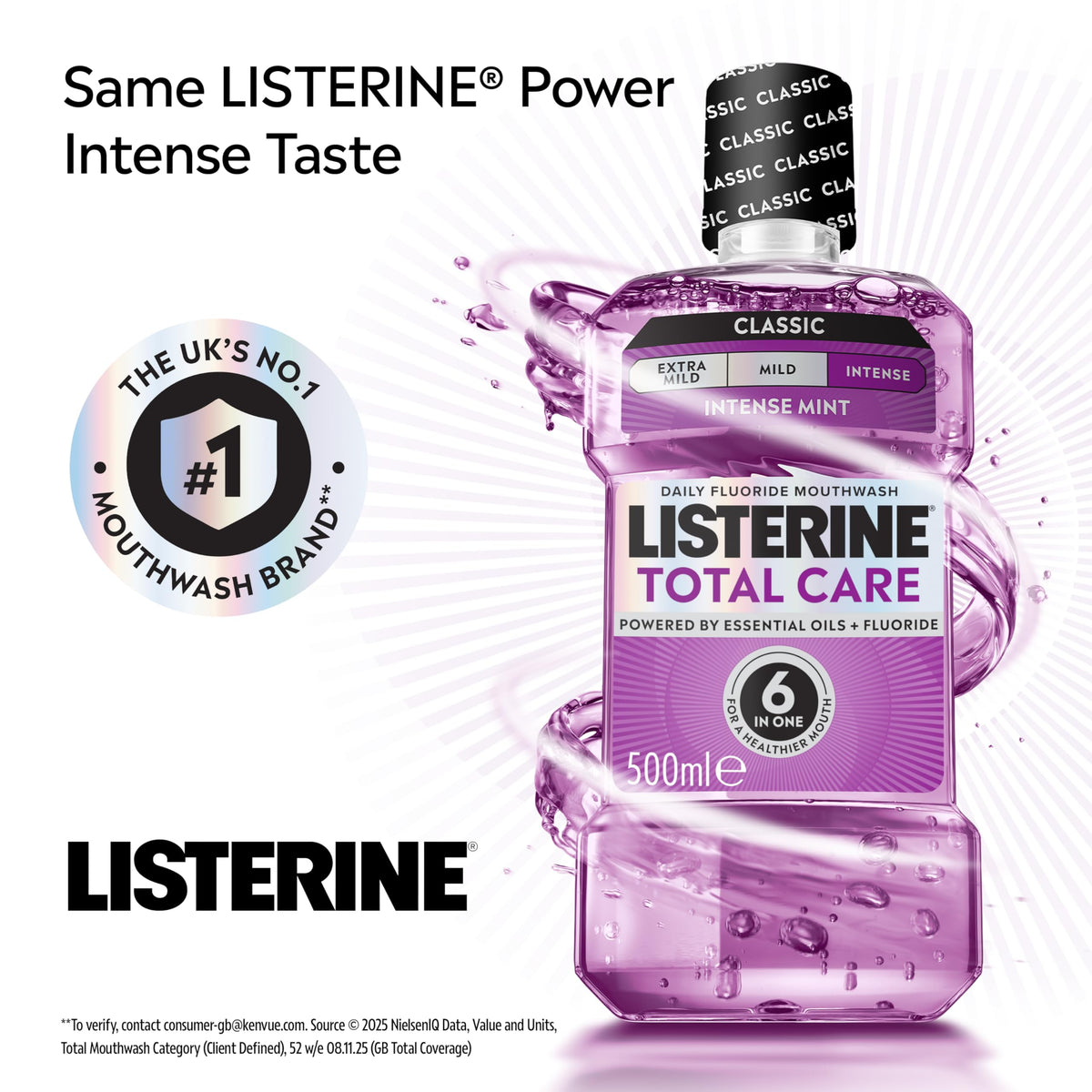 Listerine Total Care Intense Taste Classic Antibacterial Mouthwash (500ml), Fresh Mint Blast Flavour with 6-in-1 Benefits, Helps Reduce Plaque and Freshens Breath