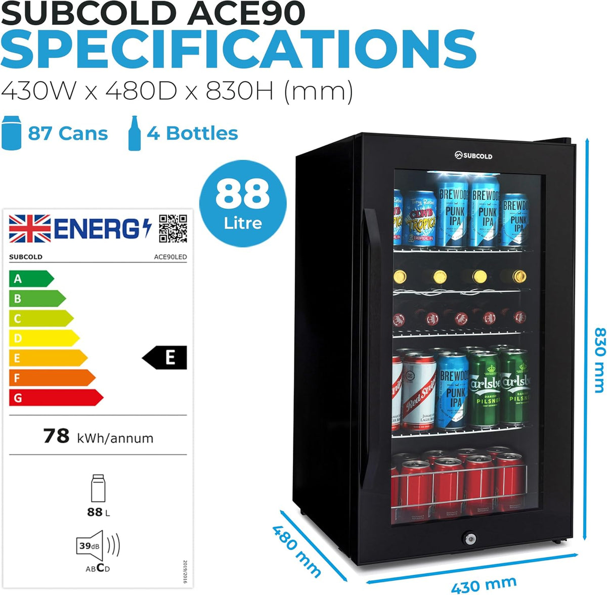 Subcold Ace90 LED Touch Control Beer Fridge With Glass Door | Premium Drinks & Wine Fridge | Black Alu Handle, Auto Defrost, Lockable | 91 Cans | Ideal for Home Bar Undercounter