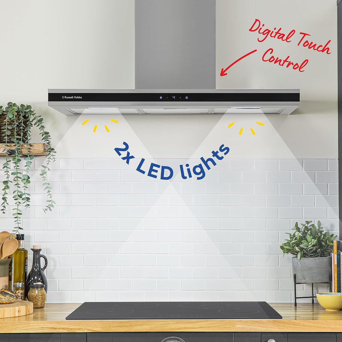 Russell Hobbs 90cm T-Shaped Cooker Hood in Stainless Steel with 3 Speed Settings, 3x Washable Aluminium Filters, Extraction or Recirculation, Boost Function, LED Lights A++ Energy Rating, RHGCH903SS