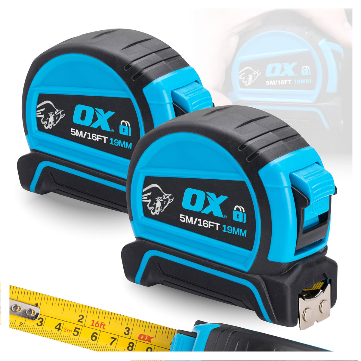 OX Pro Dual Auto Lock Tape Measure Twinpack - 8m, Magnetic End Hook