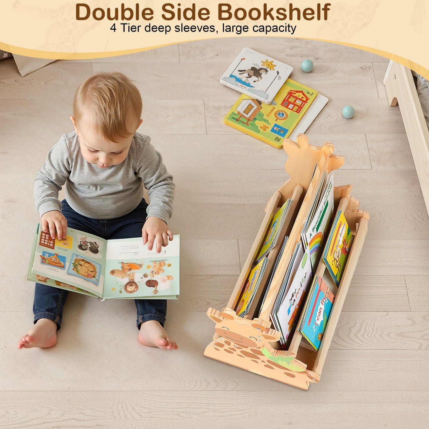 MHJY Kids Bookshelf – Wooden Double-Sided Sling Book Rack with Canvas Storage, Toddler Bookcase for Nursery, Bedroom, Playroom – Montessori Style Children’s Book Organiser