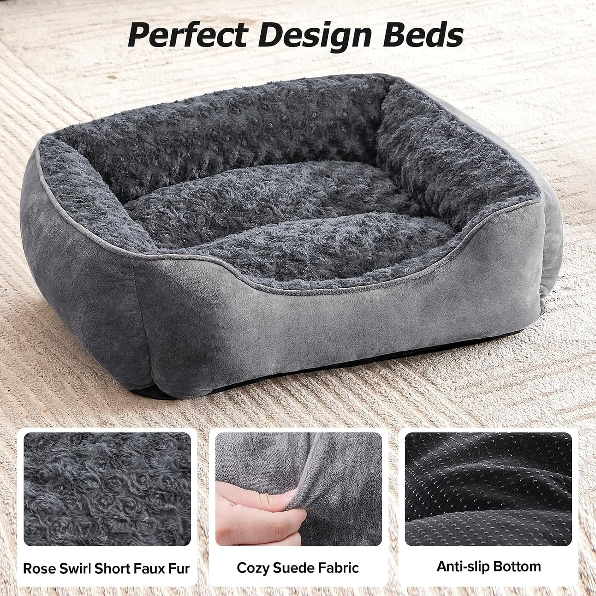 JOEJOY Dog Bed Medium - Washable Rectangle Dog Beds, Anti-Anxiety, Soft Plush Non-Slip Bottom Pet Bed - Small | Medium | Large Size Mattress Mat, Grey