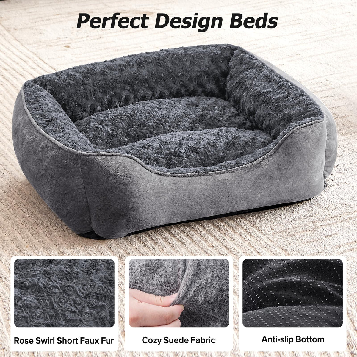 JOEJOY Dog Bed Medium - Washable Rectangle Dog Beds, Anti-Anxiety, Soft Plush Non-Slip Bottom Pet Bed - Small | Medium | Large Size Mattress Mat, Grey