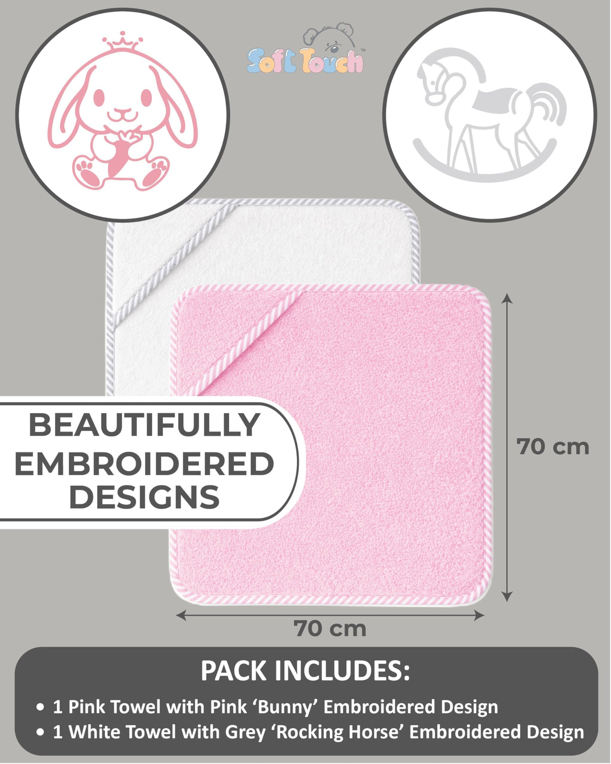 Soft Touch Newborn Essentials 100% Cotton Embroidered Hooded Baby Towel 70 x 70cm for Baby Boys and Girls 0-24 Months (2-Packs)