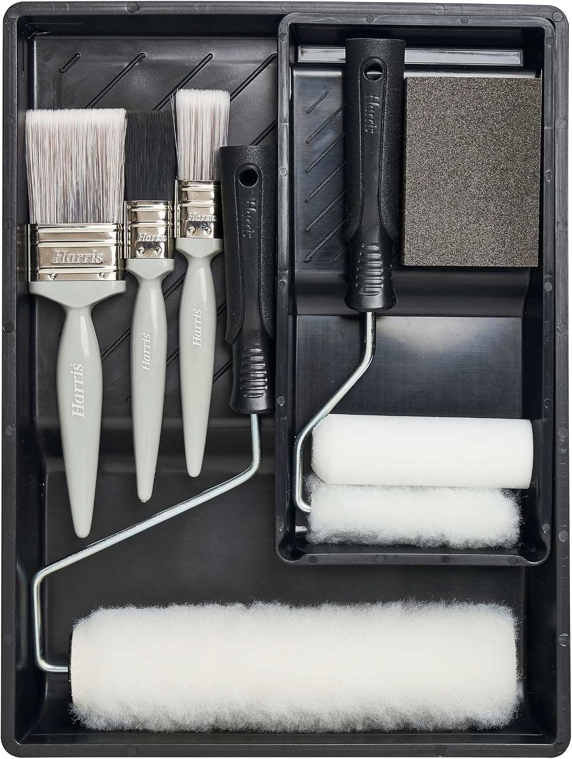 Harris Walls & Ceilings Essentials Decorating Set | 11 Pieces | 9" Roller Sleeve, 4" Roller Sleeve, Sanding Block, 3 Paint Brushes