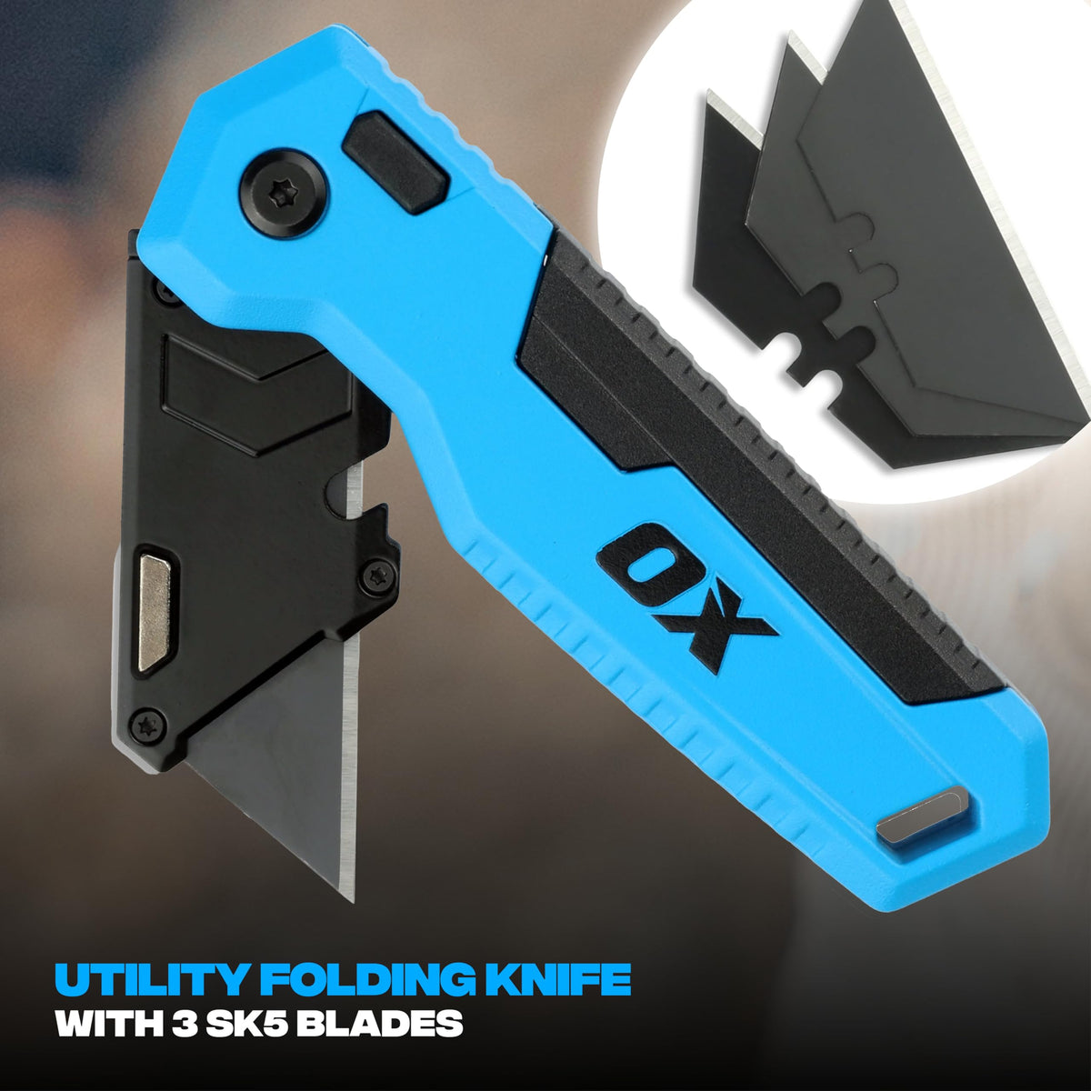OX TOOLS P224301 Pro Heavy Duty Fixed Blade Folding Knife, Blue / Black