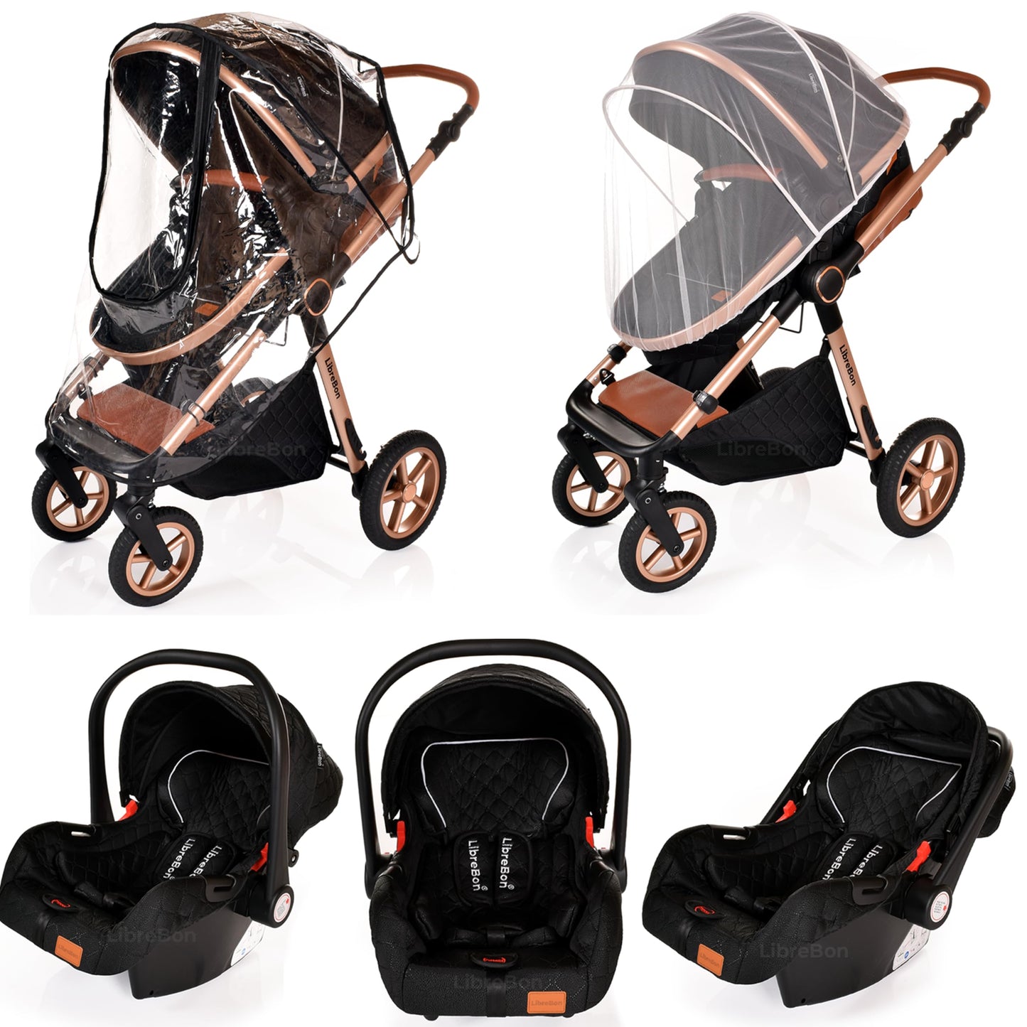 Baby Buggy Pram Pushchair Stroller 3 in 1 Child Lightweight Folding Stroller 3 in 1 Travel System Pram for Newborns & Toddlers from Birth Aluminum (Beige - Rose Gold Frame)