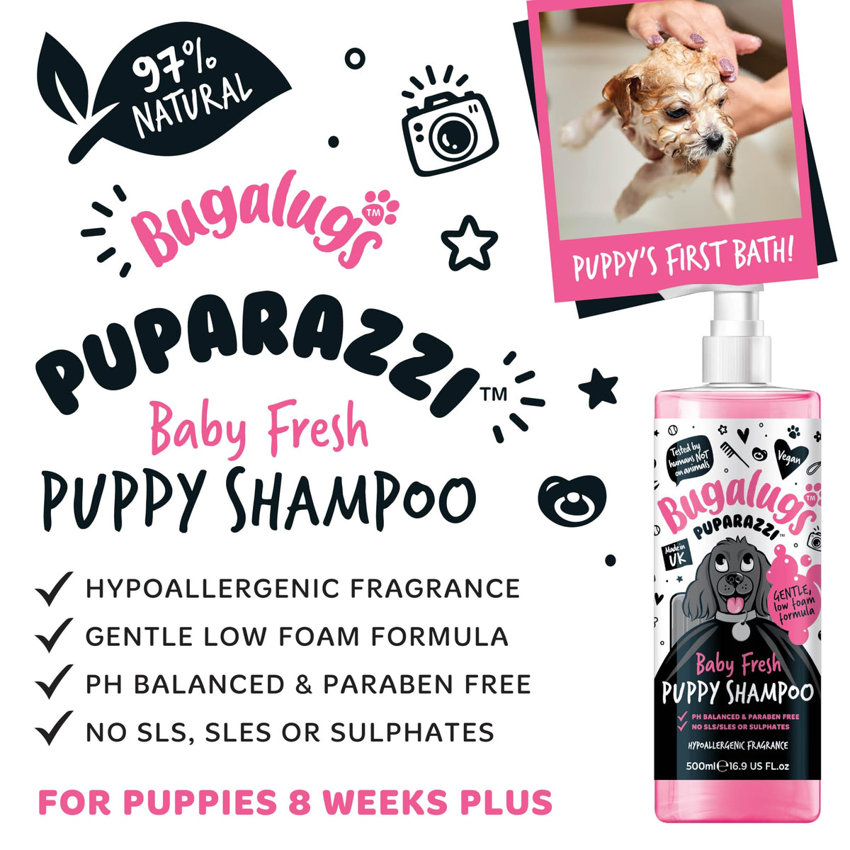 BUGALUGS Baby Fresh Dog Shampoo grooming products for smelly dogs with baby powder scent, best puppy shampoo, Vegan pet shampoo professional (625ml)