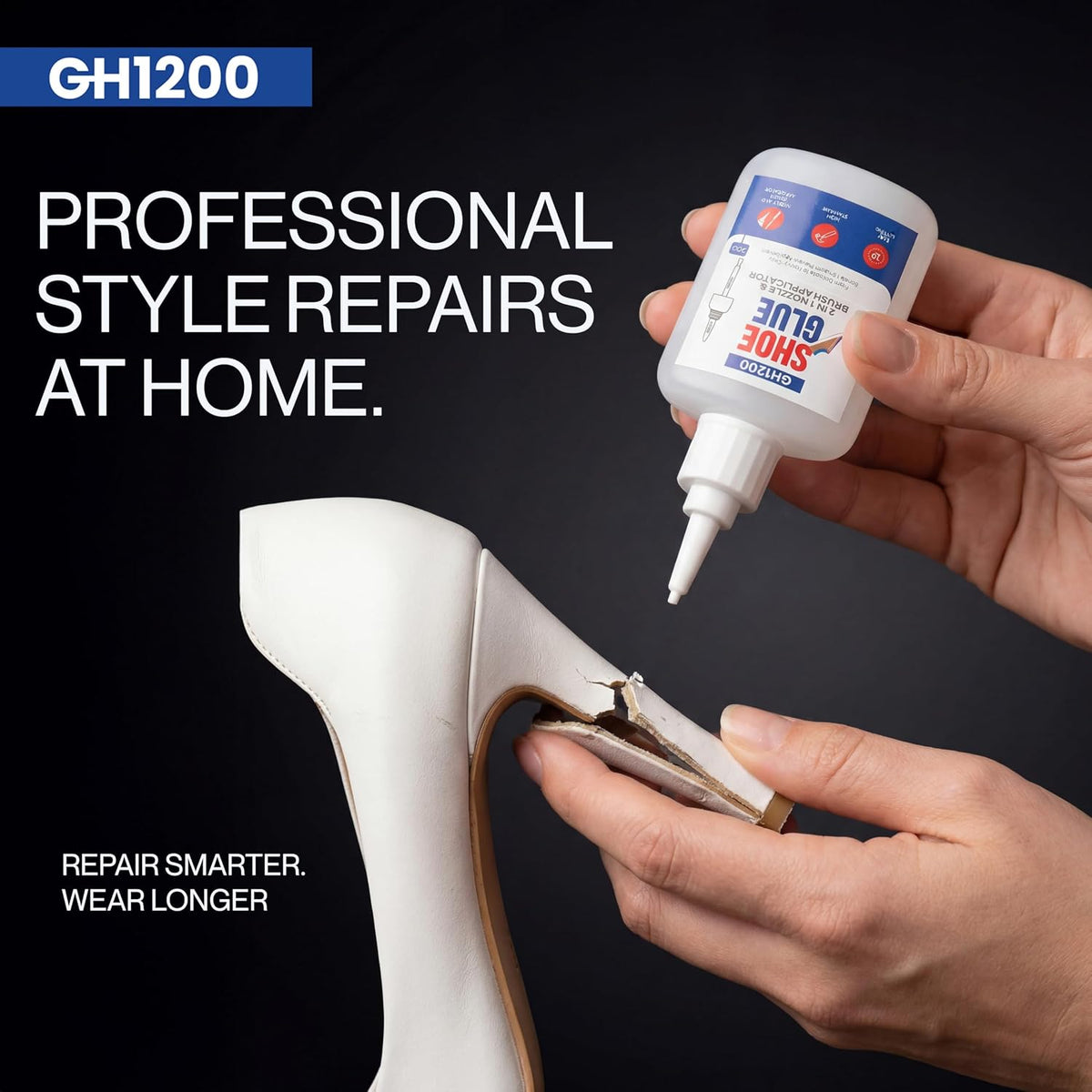 GH1200 (2-IN-1) Shoe Glue Sole Repair Waterproof with Brush Applicator and Nozzle - Clear Drying & Strong Shoe Repair Superglue for shoes - Non-Stiff Repairs, Fixes Sneakers, High Heels, Crocs & More