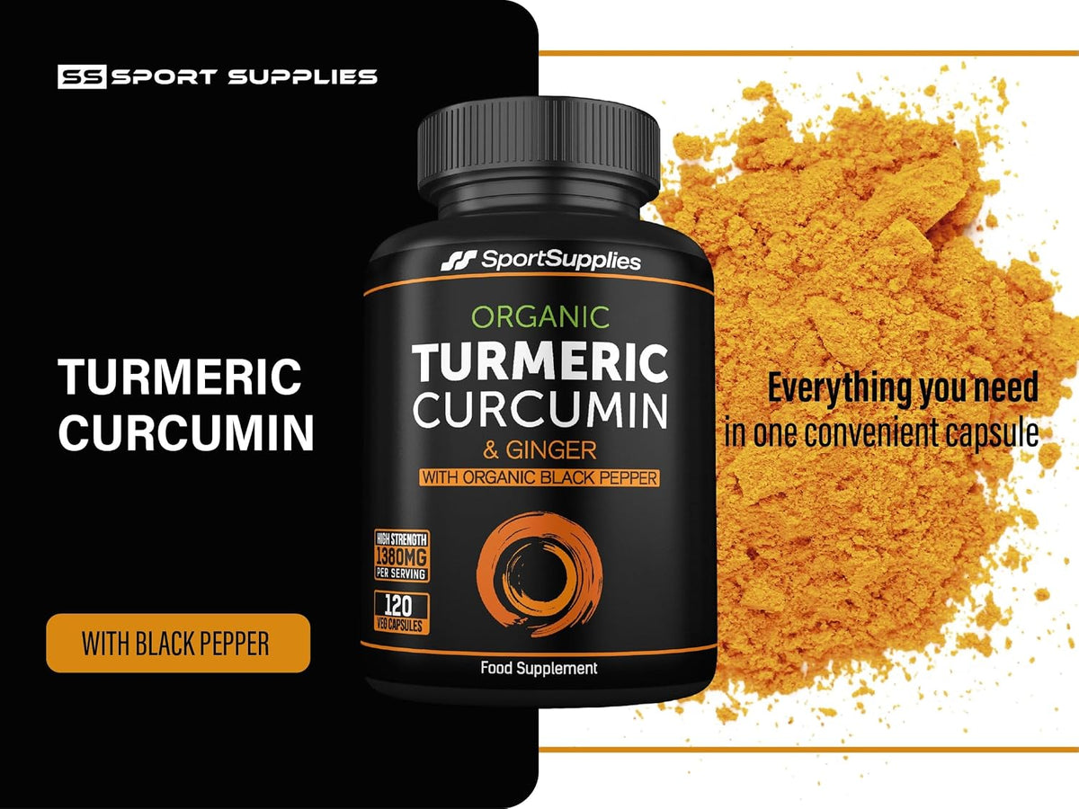 Organic Turmeric Capsules High Strength and Black Pepper with Active Curcumin with Ginger 1380mg - Advanced Tumeric - Each 120 Veg Capsule is Organic (2 Capsules per Serving)