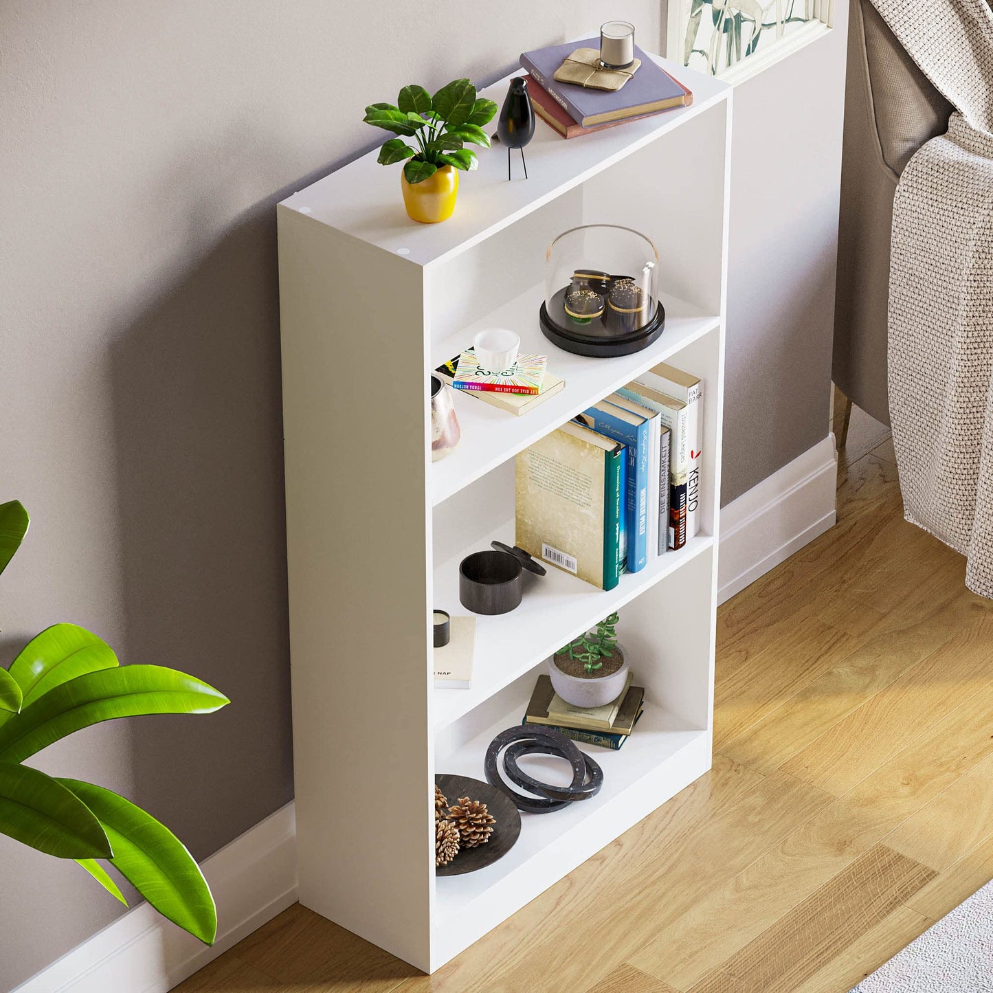 Vida Designs Cambridge 3 Tier Low Bookcase, White Wooden Shelving Display Storage Unit Office Living Room Furniture