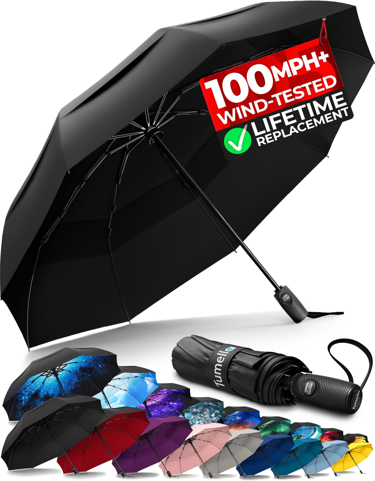 TUMELLA Strongest Windproof Travel Umbrella (Compact, 100MPH Wind-Tested)