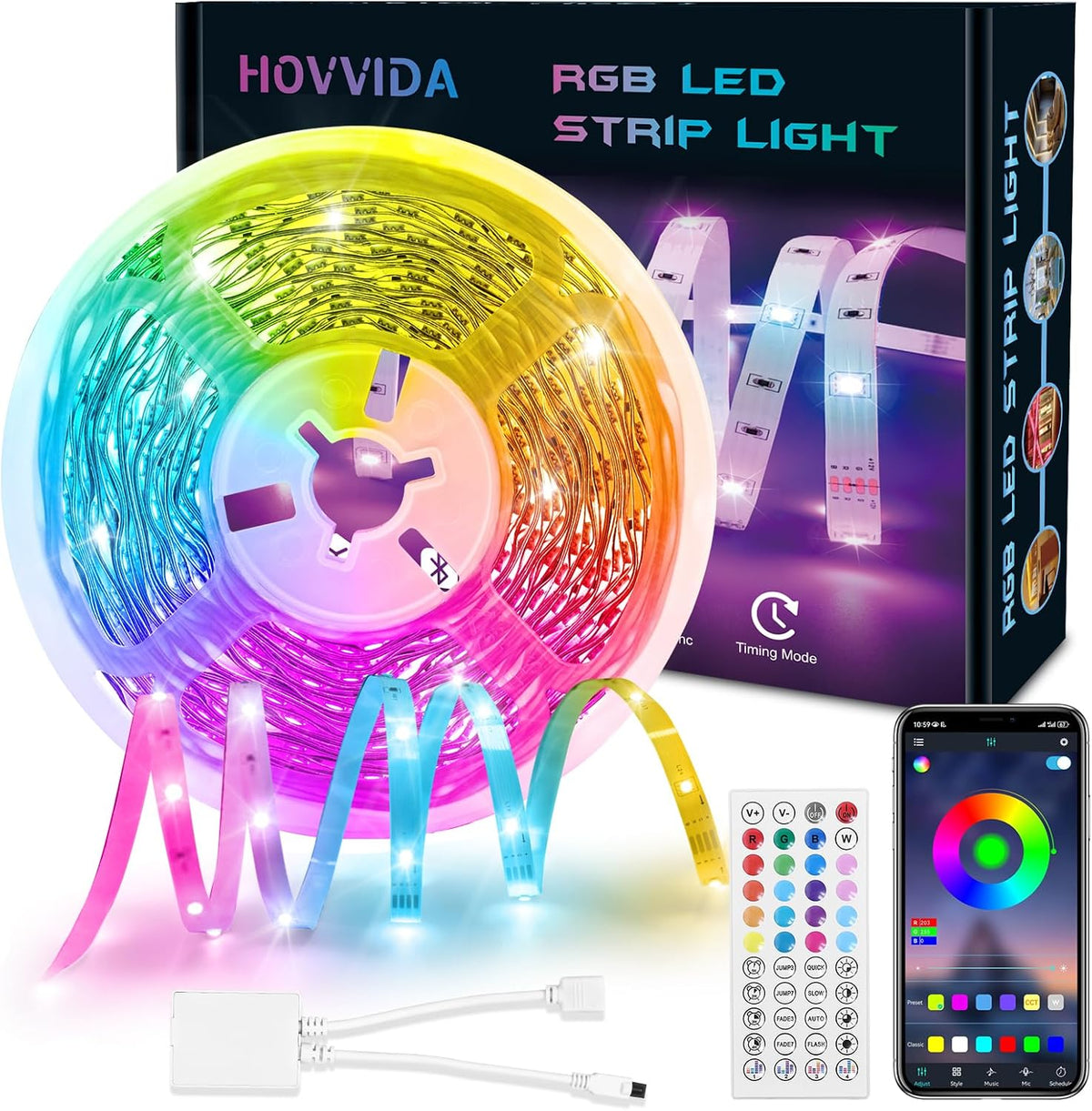 HOVVIDA LED Strip Lights 10M, 1x10M, 30 LEDs/Meter, 24V RGB LED Strip Light, 300 LEDs, APP and Remote Control, Music Mode, Timer Mode, LED for Bedroom, Living Room, Kitchen, Party