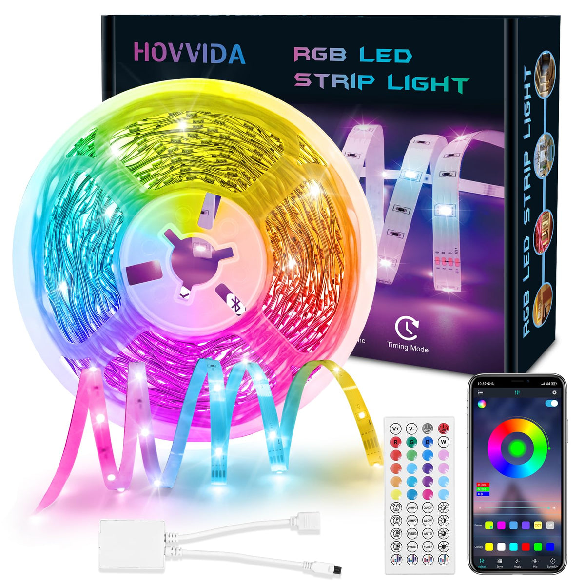 HOVVIDA LED Strip Lights 10M, 1x10M, 30 LEDs/Meter, 24V RGB LED Strip Light, 300 LEDs, APP and Remote Control, Music Mode, Timer Mode, LED for Bedroom, Living Room, Kitchen, Party