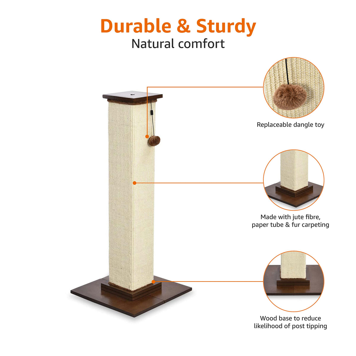 Amazon Basics Cat Scratching Post for Indoor Cats, Standard with Dangling Toy, 80 cm, Grey