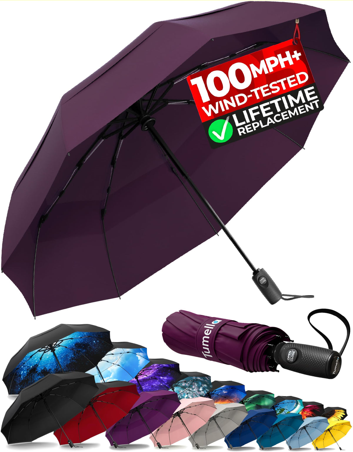TUMELLA Strongest Windproof Travel Umbrella (Compact, 100MPH Wind-Tested)