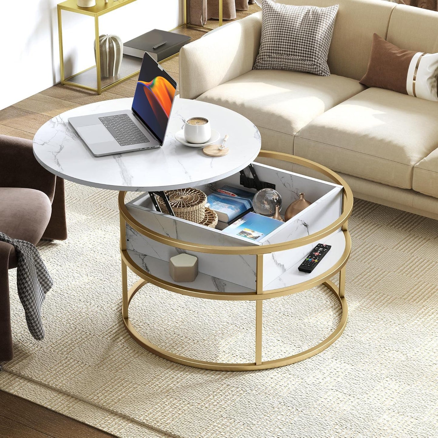 YITAHOME Coffee Table with Lift Top, lift up Coffee Table Round with Hidden Storage Compartment, 60x60x47cm