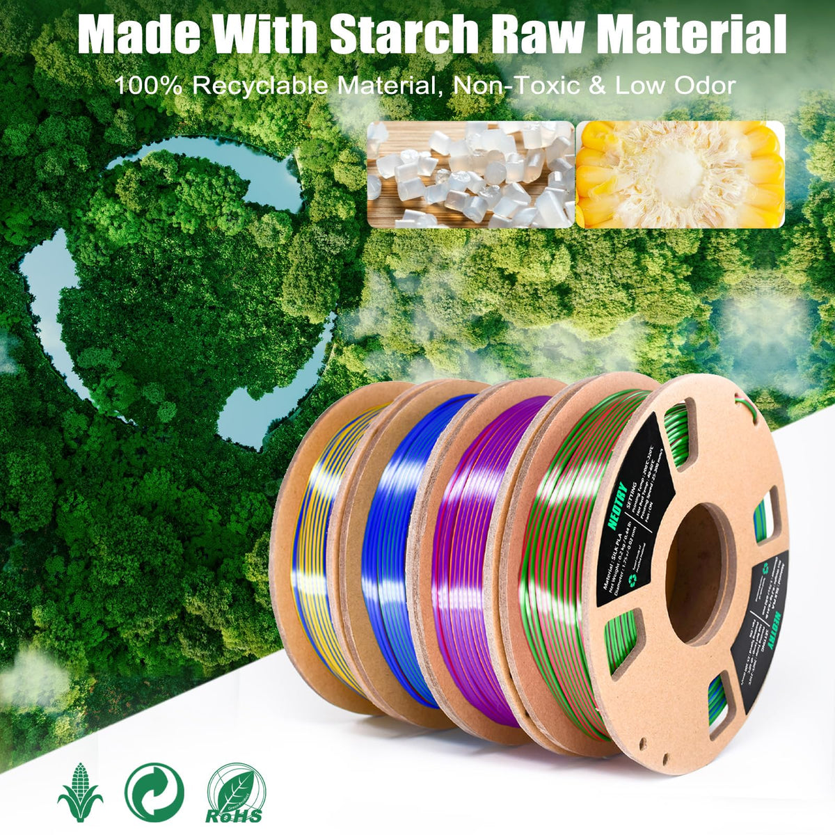 Silk Tri Colour PLA Filament 1.75mm 1kg, Multicolor 3D Printer Filament, Filament 3D Printing Materials for Most FDM 3D Printer, Silk PLA Red Yellow Blue, Rainbow PLA Filament 1.75mm ± 0.02