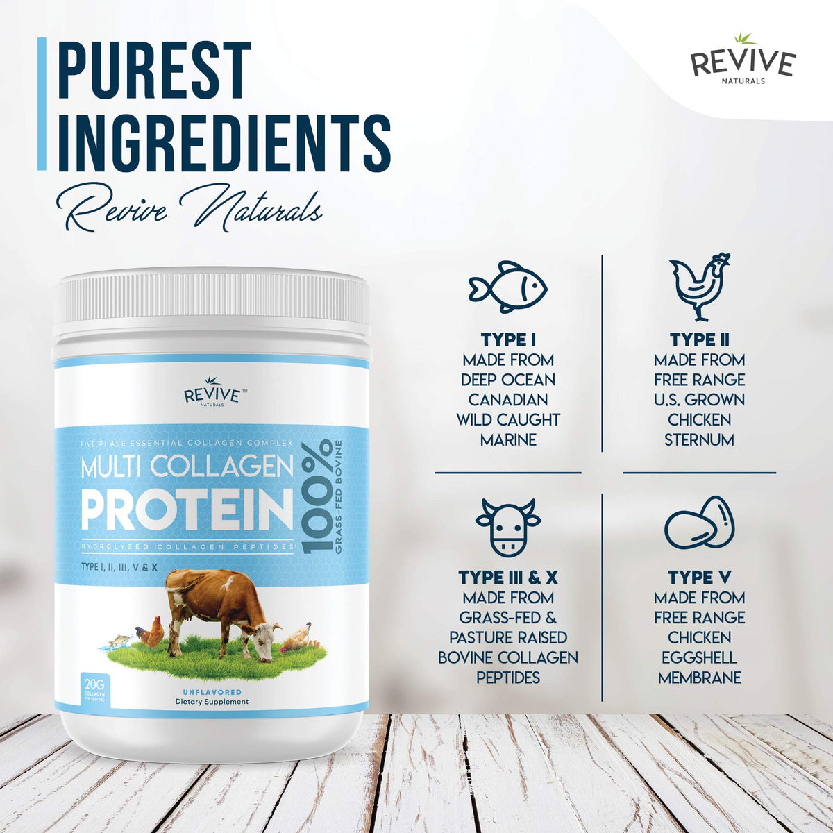 Multi Collagen Protein Powder 400g - Types I, II, III, V & X - Hydrolyzed Grass Fed Bovine, Wild Caught Fish, & Free-Range Chicken & Eggshell Collagen by Revive Naturals