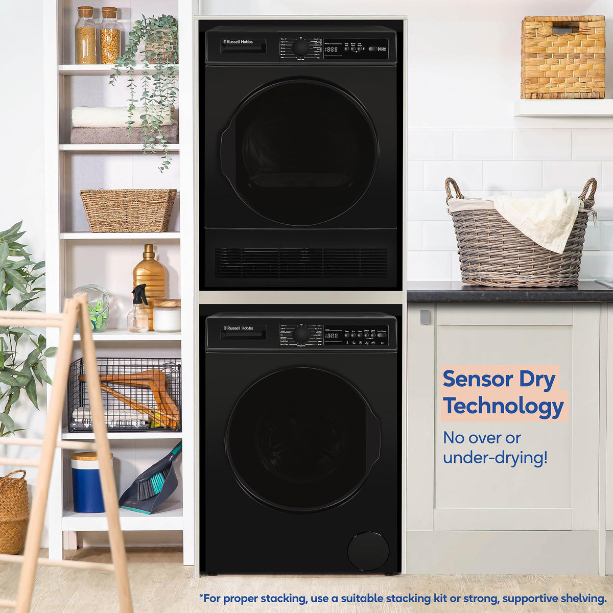 Russell Hobbs Freestanding Condenser Dryer Electric Tumble Dryer 15 Programmes 8kg Capacity 3 Heat Settings LED Display DelayStart Anti-Crease Child Lock Black Clothes Dryer RH8CTD111B