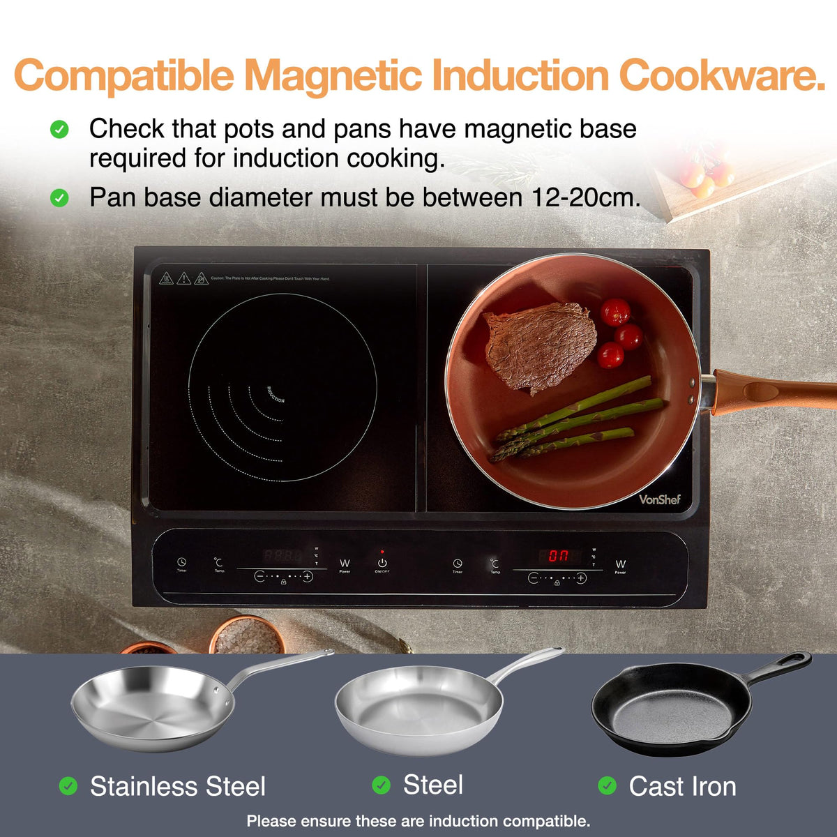 VonShef Single Induction Hob – 2000W Portable Induction Cooker w/LED Touch Display, 3 Hour Timer, 10 Heat Settings 60-240°C, Safety Lock - Black