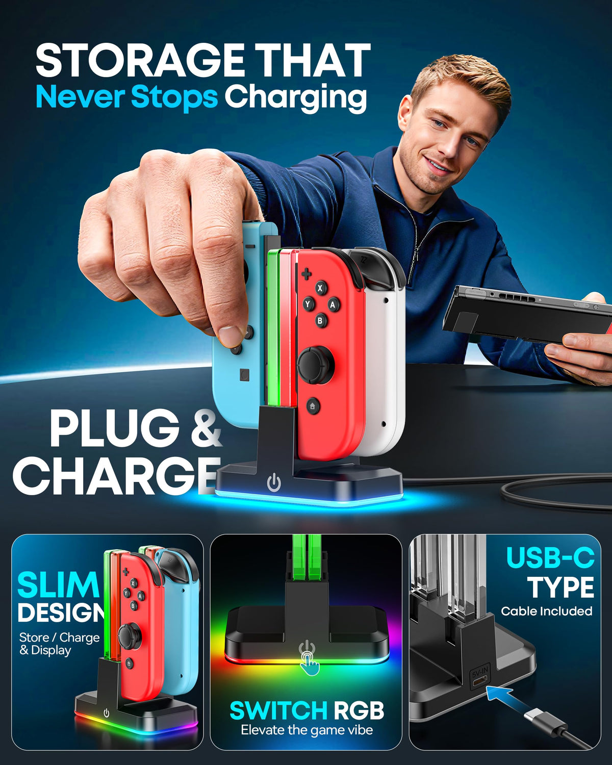 Rysker RGB Switch 2 Controller Charger for Joy-pad 2, 2H Fast Joycon 2 Charging Dock for Any Direction Charging, 9 Light Modes Switch 2 Joycon Charger Station