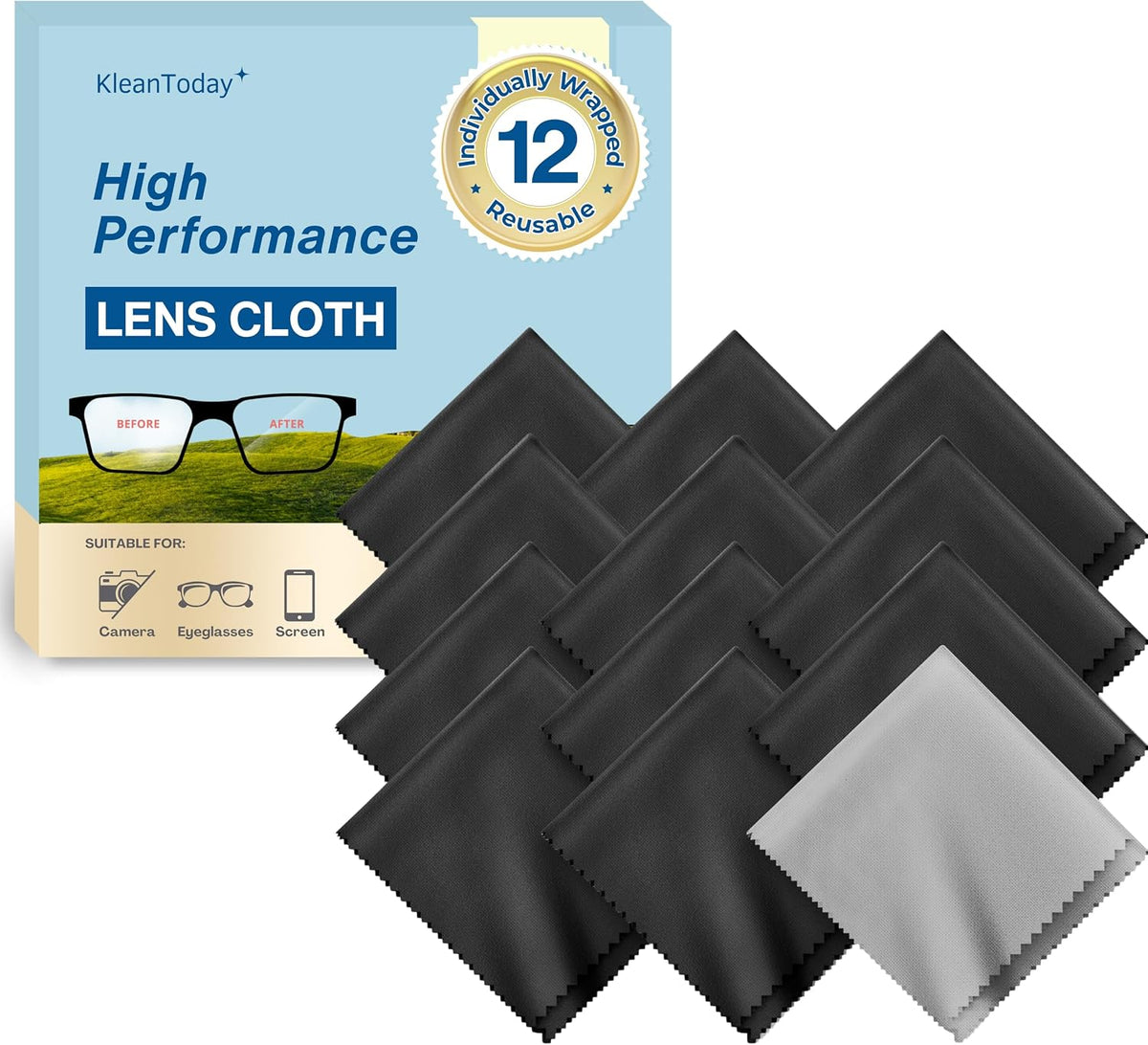Japanese-Style Premium Microfiber Glasses Cleaning Cloth Streak & Scratch-Free Lens Cleaning Cloth – Safe for Eyeglasses, Sunglasses, Glasses Cleaner, Lens Wipes, iPhone & Screens (12 Pack)