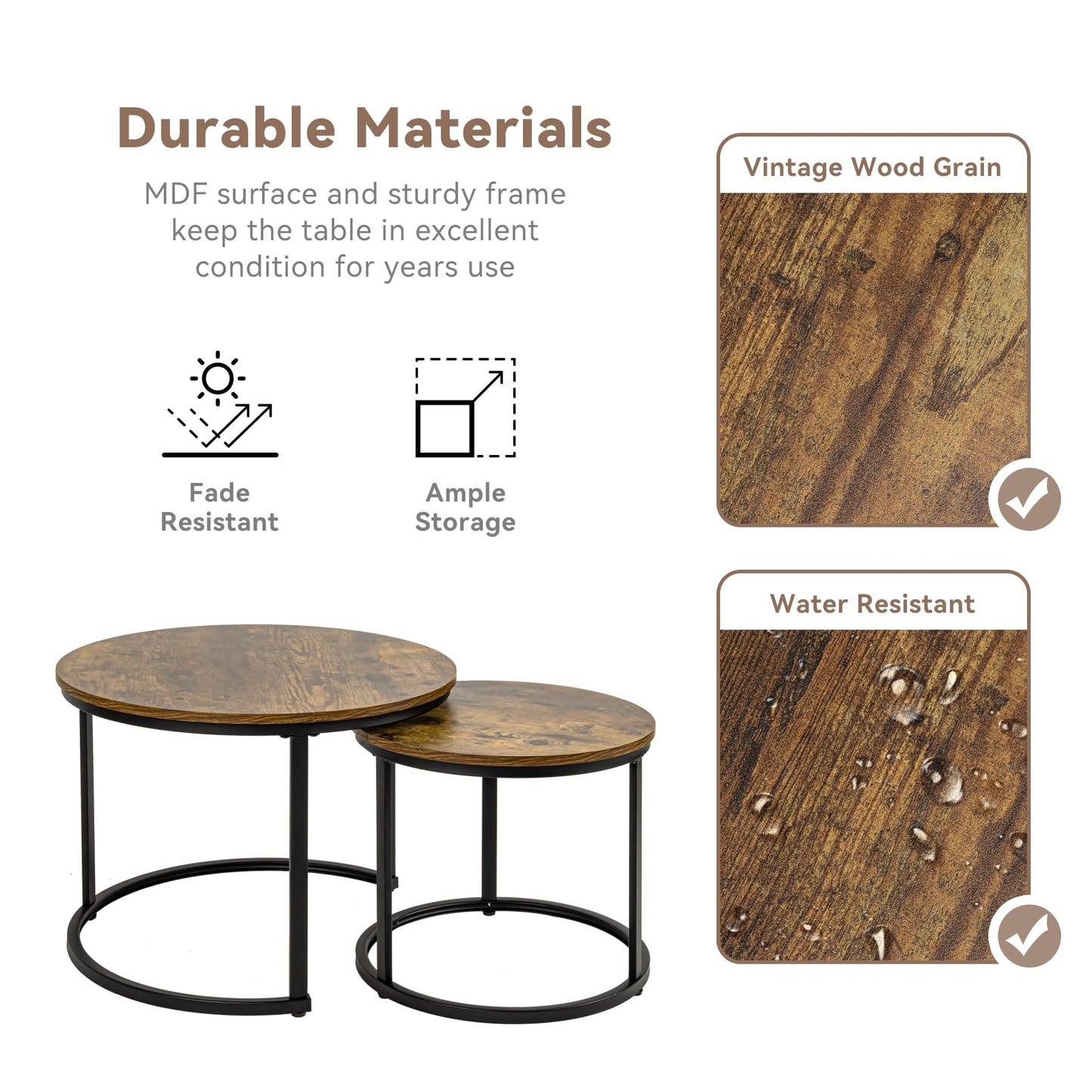 Hawthyhome Coffee Tables, Round Nesting Tables Tet of 2, Modern Side Tables with Metal Frame, Industrial Stacking End Tables for Living Room Bedroom Office, 60 * 60 * 45cm, Brown