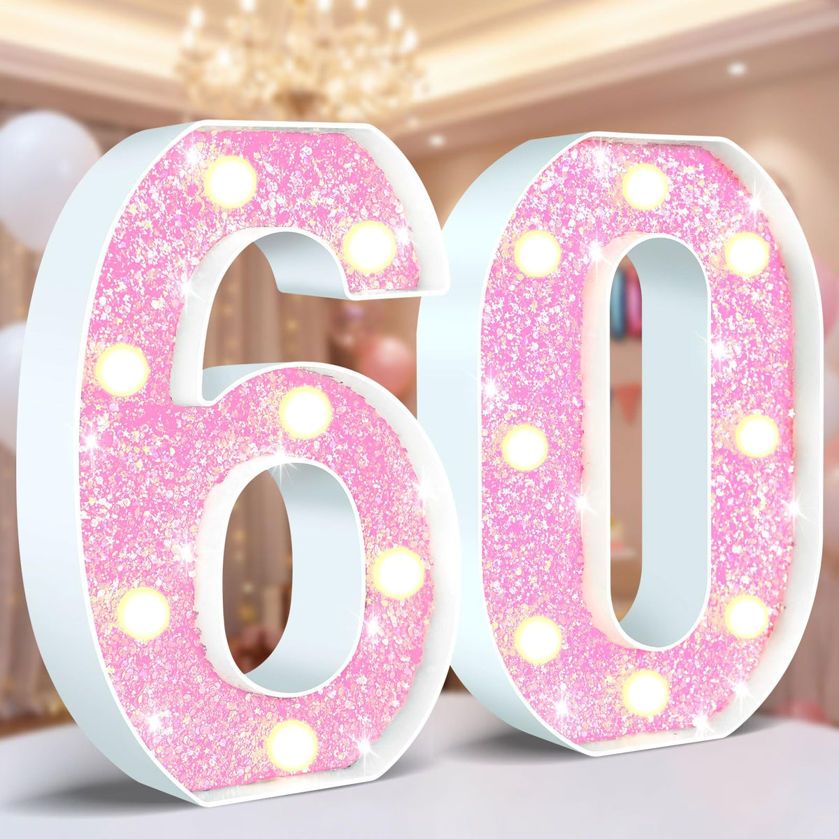 Ledido Pink Glitter Light Up Number 80 for 80th Birthday Decorations