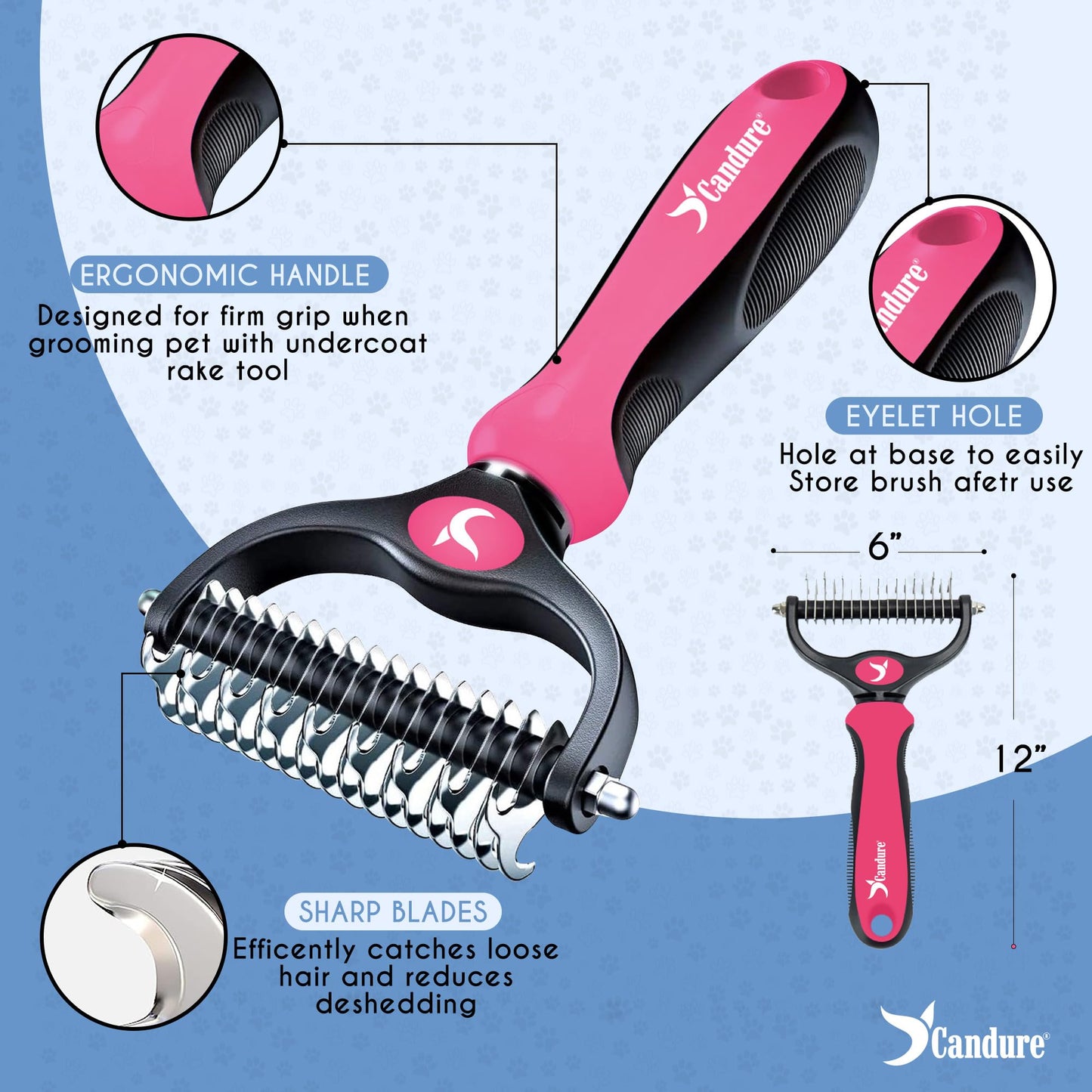 Candure Dematting Comb for Dog and Cat, Pet Grooming Rake and Brushes for Small, Medium & Large Dogs 17+9 Double Sided Deshedding Tool Removes Knots and Tangled Hair (Blue)