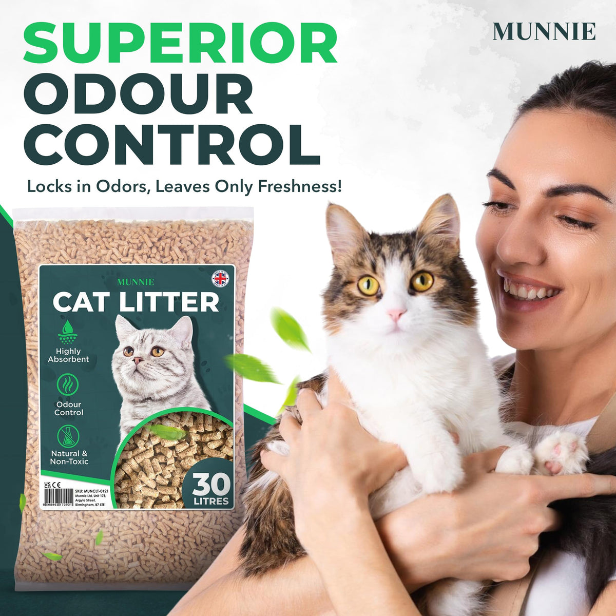 Munnie Cat Litter 30L – Biodegradable, Dust-Free, Unscented, Ultra-Absorbent Wood Pellets for Cats & Kittens, Natural Cat-Litter for Housetraining, Non-Clumping, Litter Granules, Pet-Safe