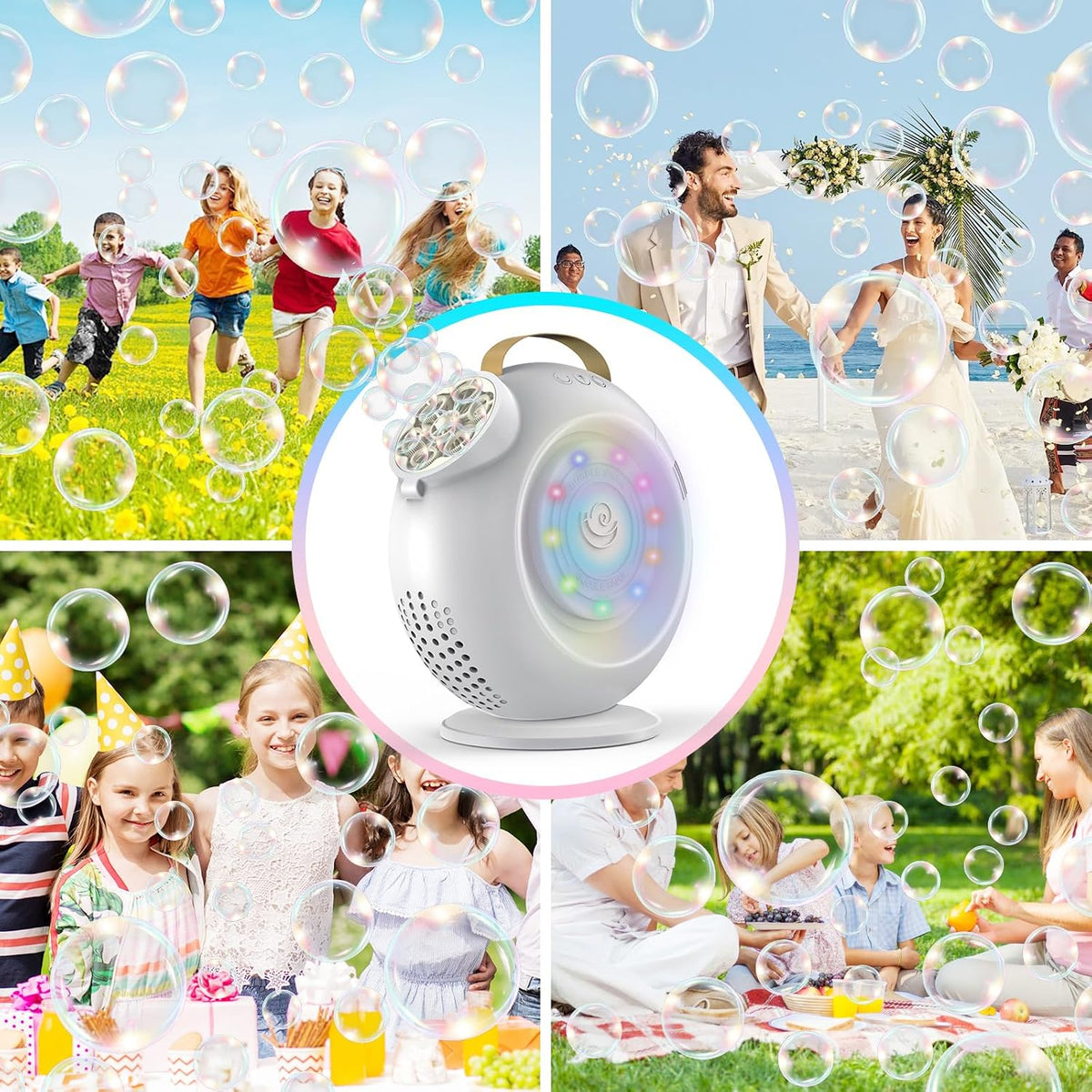 G-STORY Rechargeable Automatic Bubble Machine for Kids - 15000+ Bubbles Per Min, 90°/360° Auto Rotating & LED Light 500ML Capacity Bubble Blower with 2 Speed Modes for Outdoor Party Wedding Birthday