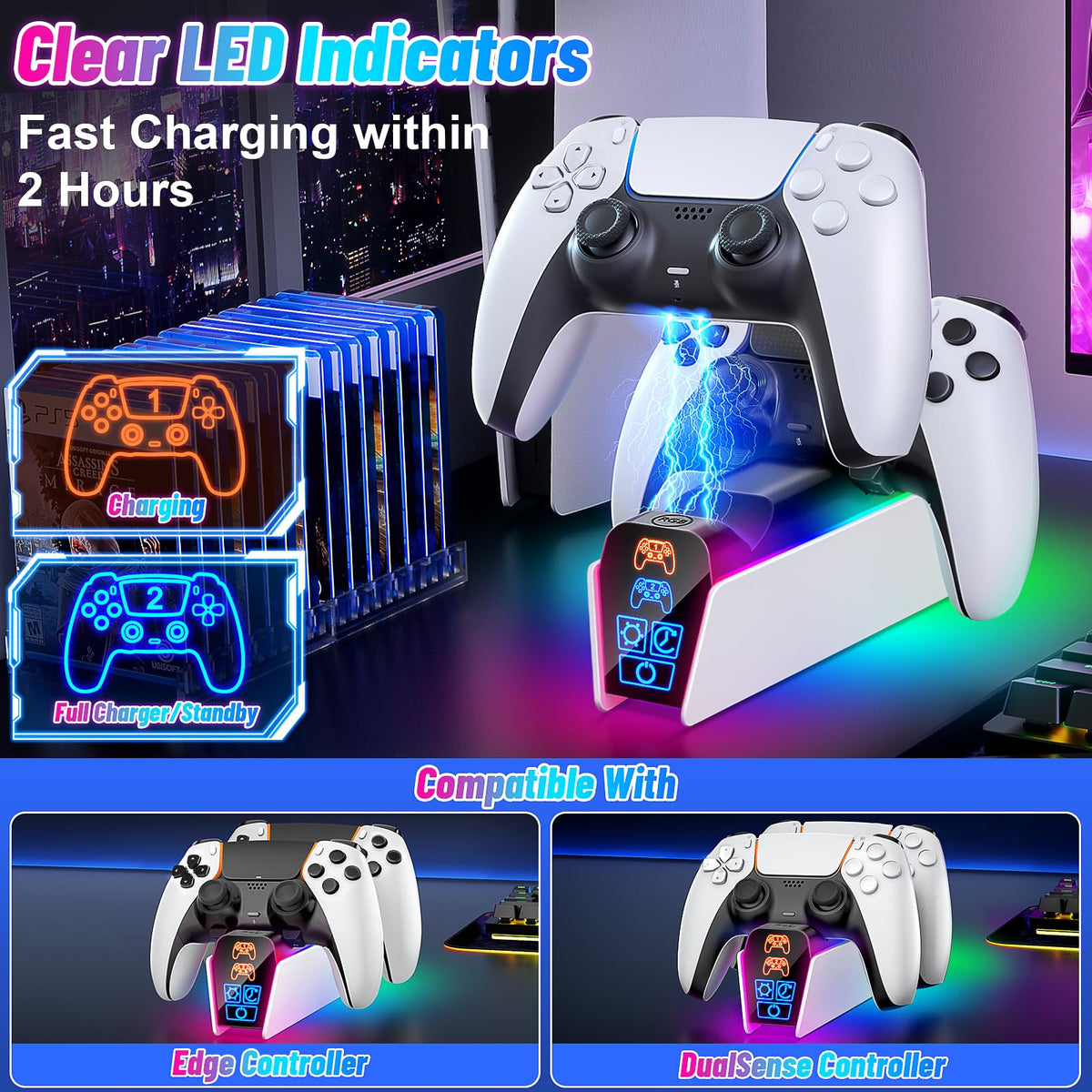 Fenolical PS5/Slim/Pro Stand with Adjustable Cooling Fan, Vertical PS5 Cooling Charger Stand for PS5/Slim/Pro, Multifunctional PS5 Slim Cooling Station with Dual Controller Chargers and RGB Light