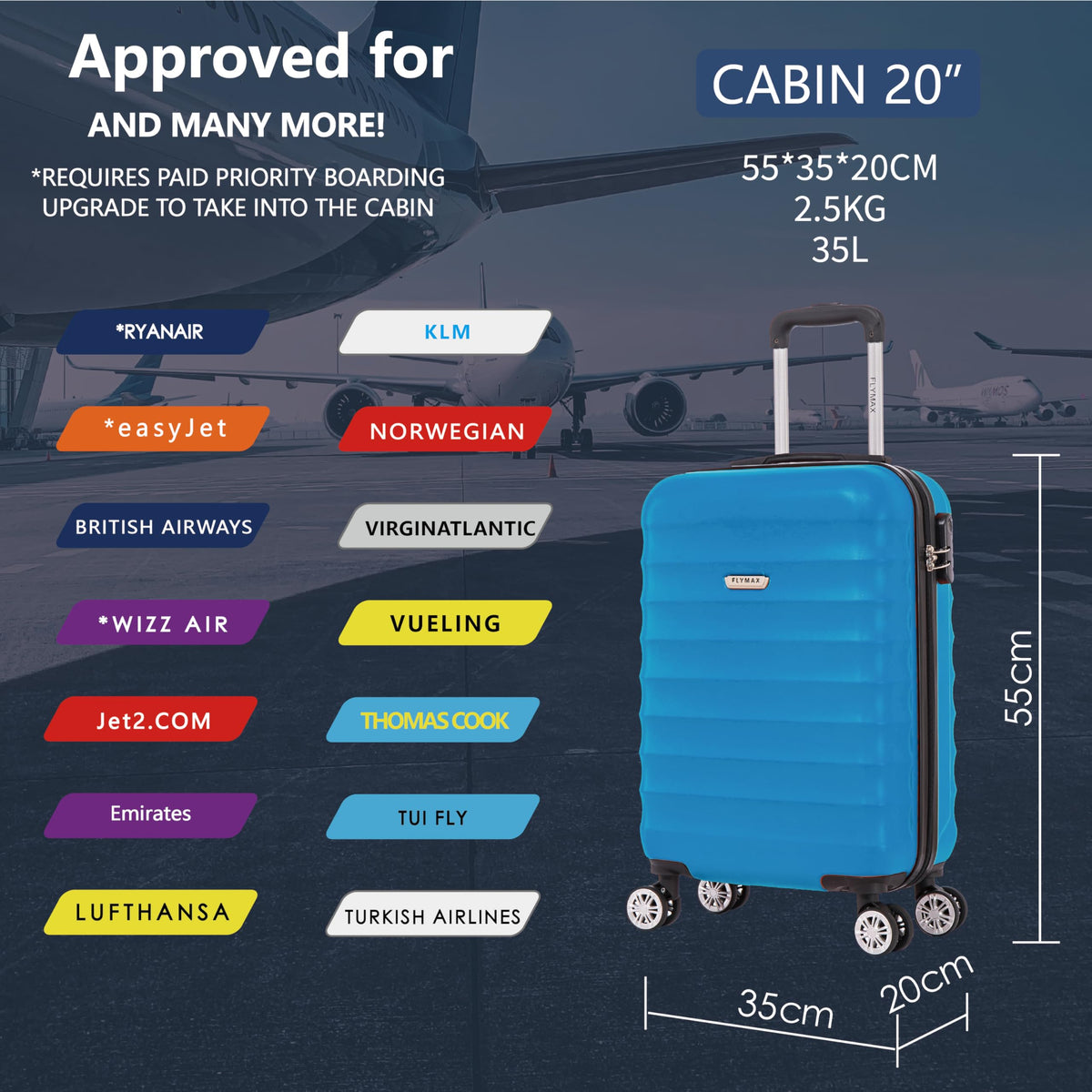 FLYMAX 55x40x20 Ryanair Cabin Bag Hand Luggage Lightweight Suitcase Approved Carry on Luggage Case 2.5KG 40L Royal