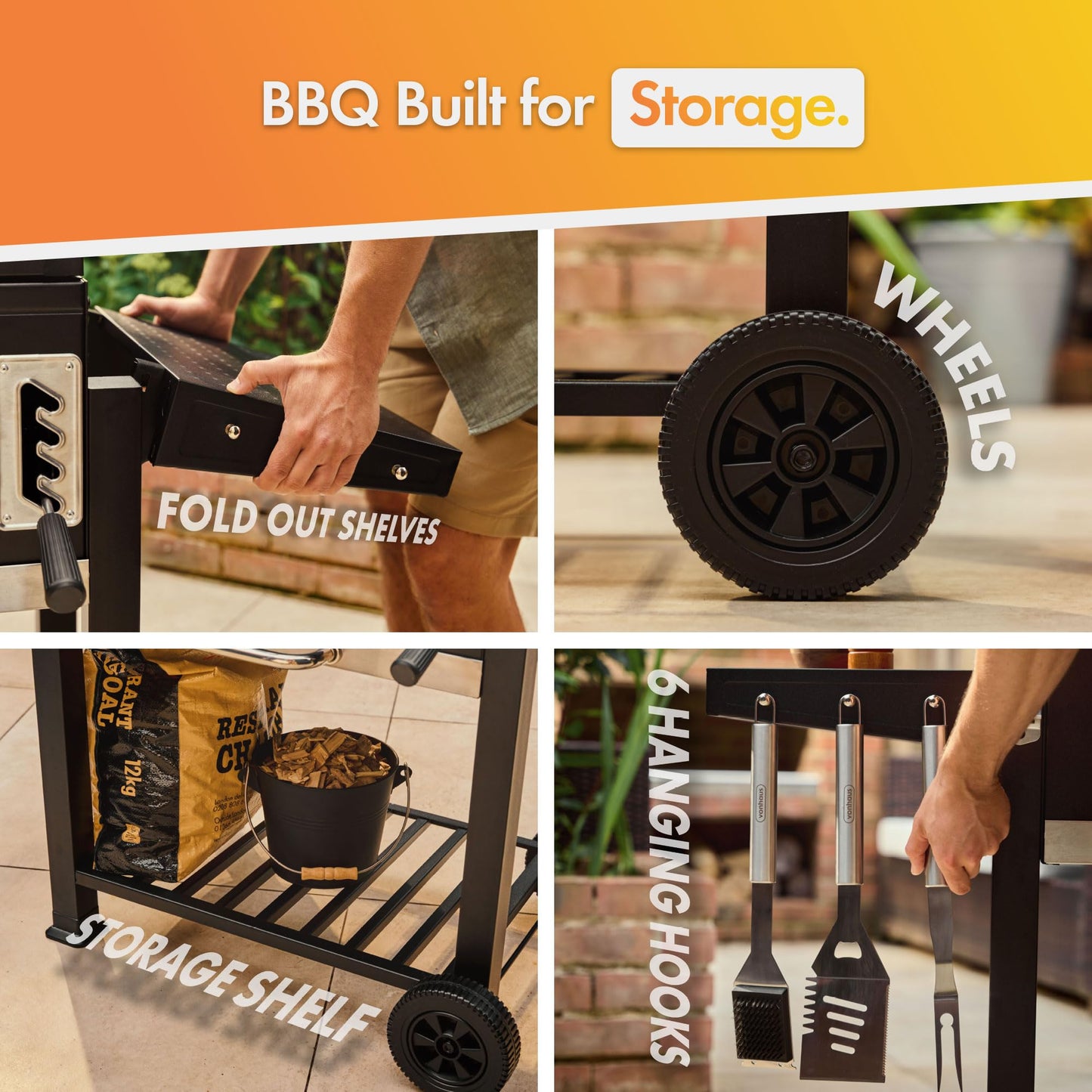 VonHaus Charcoal BBQ – XL Portable Barbecue with Warming Rack, Fold Down Shelves, Temperature Gauge, Wheels, Cooking Grill, Air Vents – 2 in 1 Barbeque and Smoker – Grill Meat, Fish & Vegetables