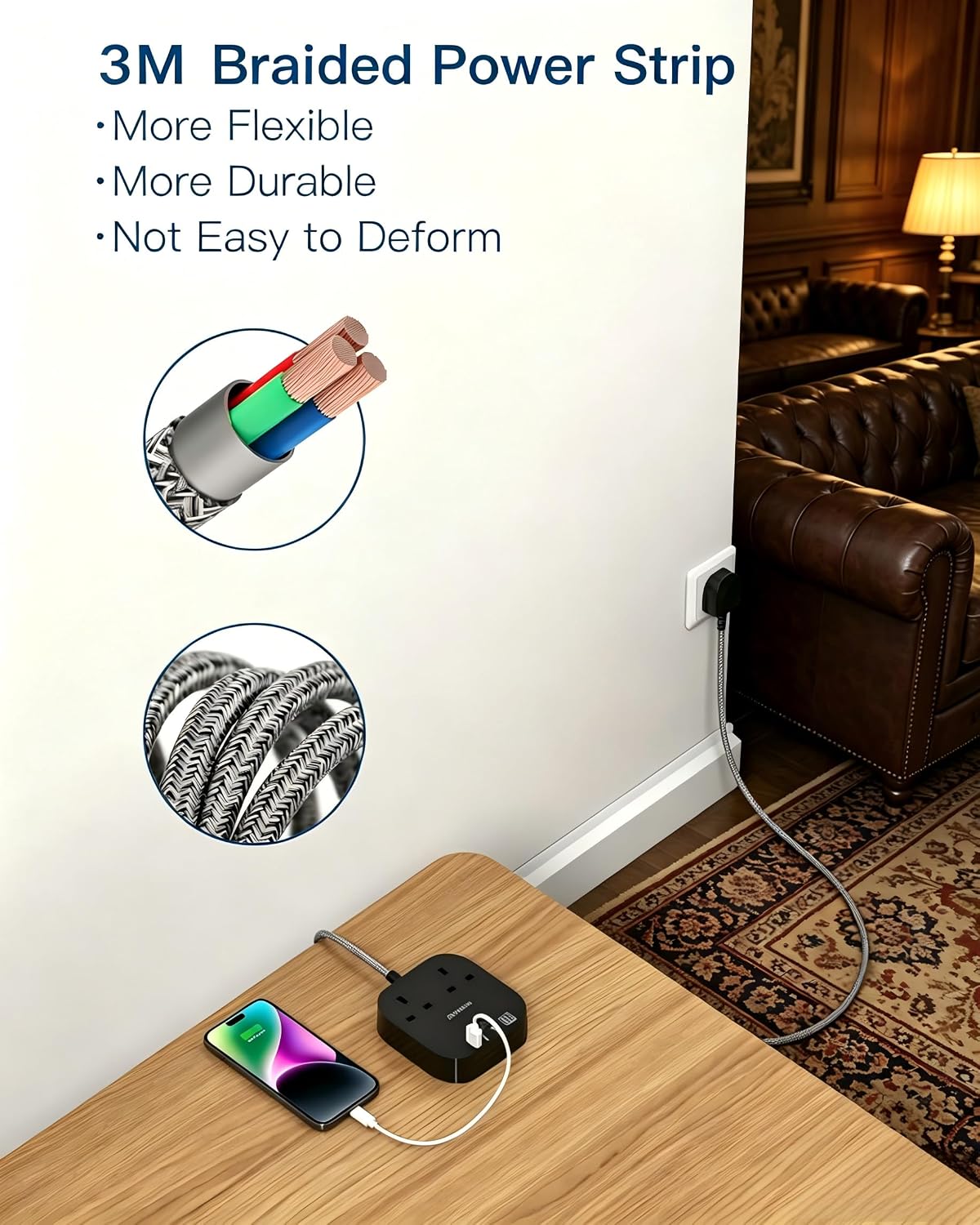 Addtam 3M Extension Lead with USB Slots, Power Strips with 2AC Outlets 4USB
