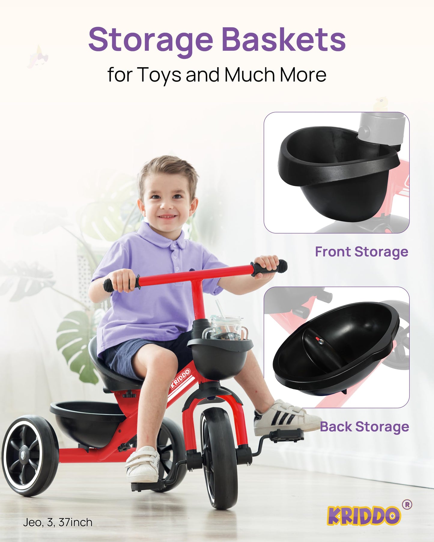 KRIDDO Toddler Tricycle — Anti-Tip Design, BPA-Free | Ages 18 Months to 4 Years | Pink