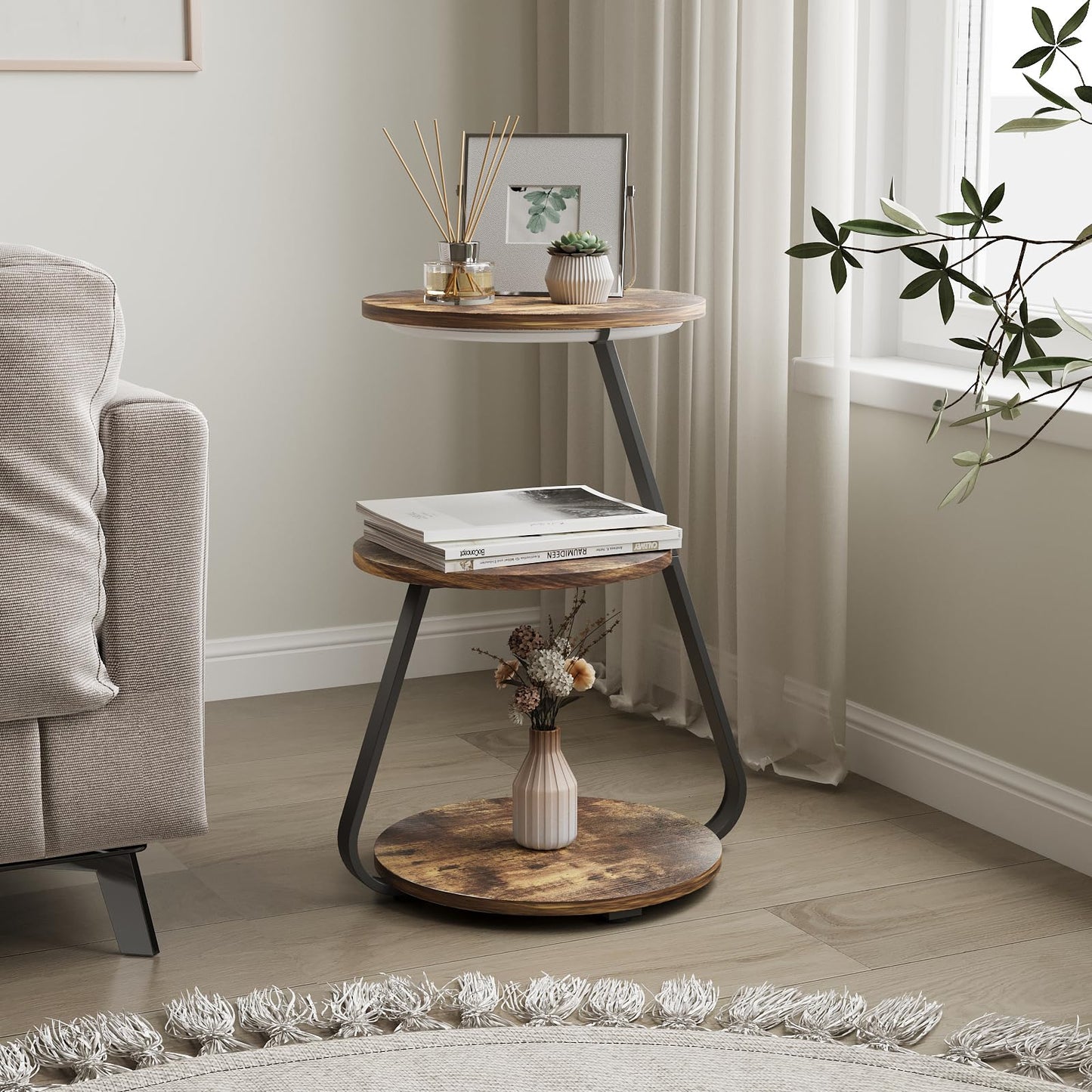 ARTETHYS Side Table, Small Round Coffee Table with 3 Color LED Lights, End Table with 3 Tier Storage Shelves, Bedside Sofa Side Tables for Living Room Bedroom, Rustic Brown