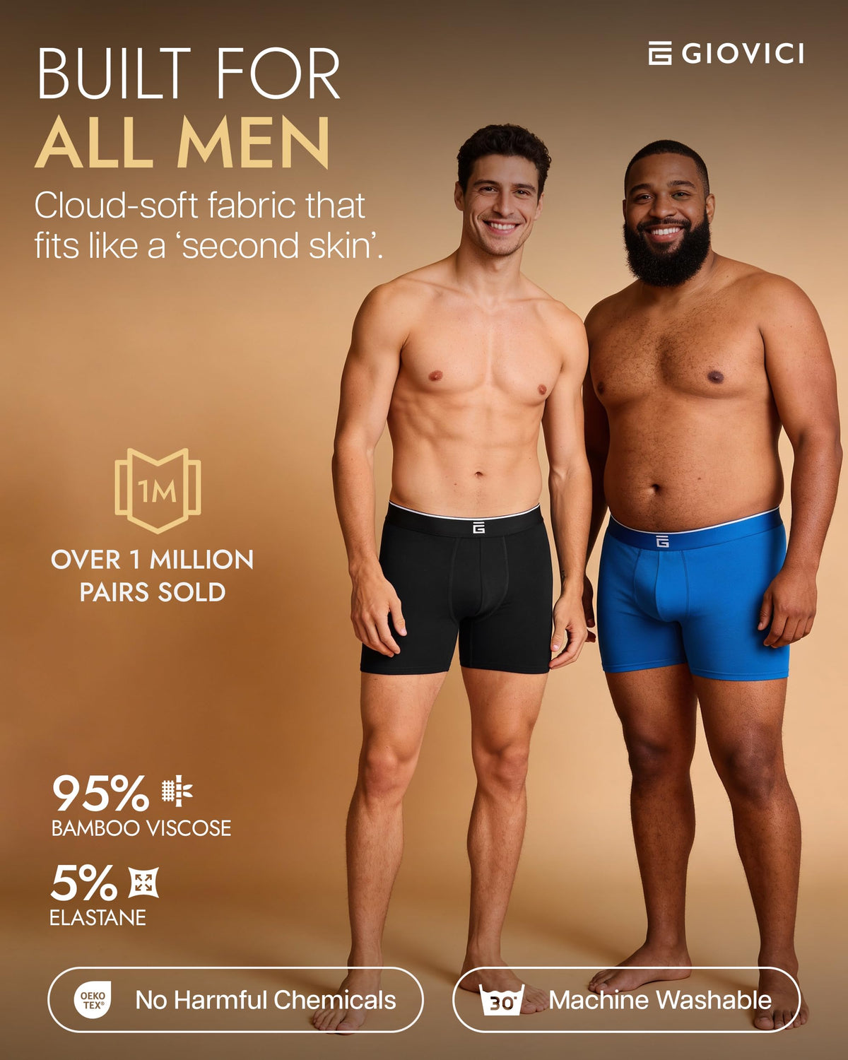 Giovici Mens Boxers Bamboo Anti Chafing Soft Comfortable Boxer Briefs Longer Leg - Boxer Shorts Multipack - Moisture Wicking Technology