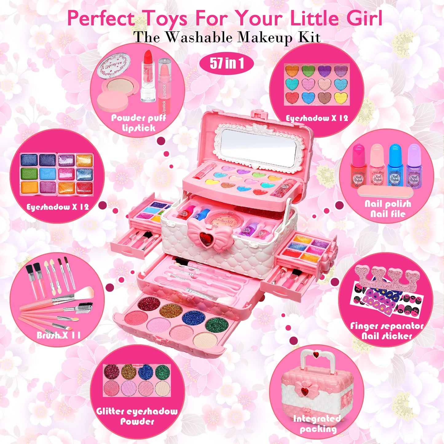 Kids Makeup Sets for Girls Toys - 74PCS Washable Makeup for Kids with Mirror, Real Dressing Table with Stand, Princess Play Makeup Kit Perfect for 3 4 5 6 7 8-12 Year Old Girls Birthday & Christmas