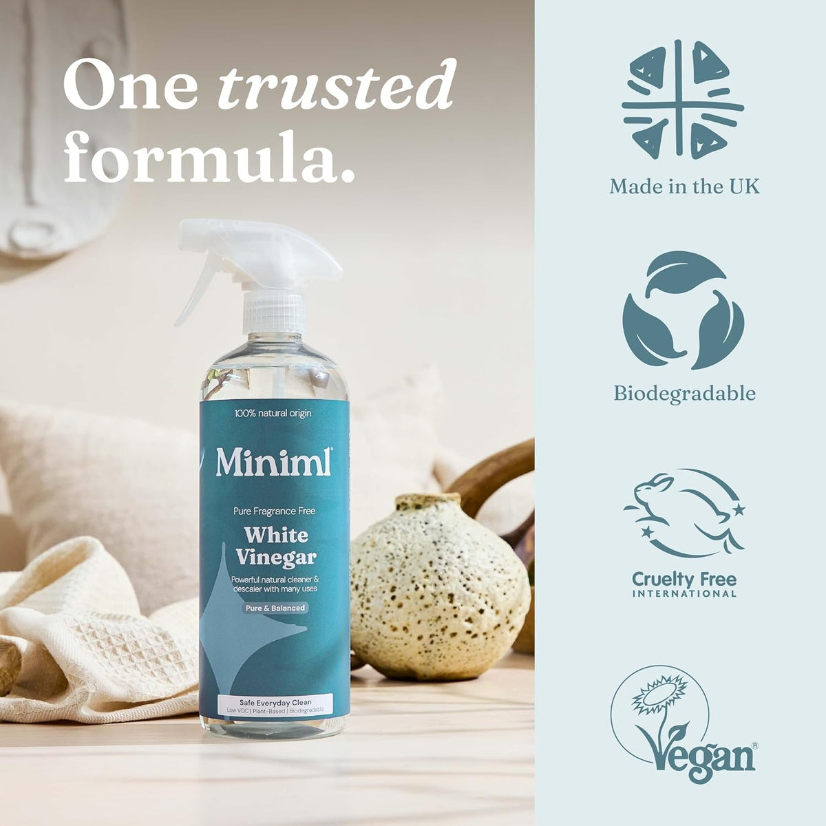 Miniml Eco White Vinegar Cleaning Unscented 750ml - All Natural Multi-Surface & Multi-Purpose Cleaner, Limescale Remover, Laundry Softener & More - 100% Vegan & Cruelty Free
