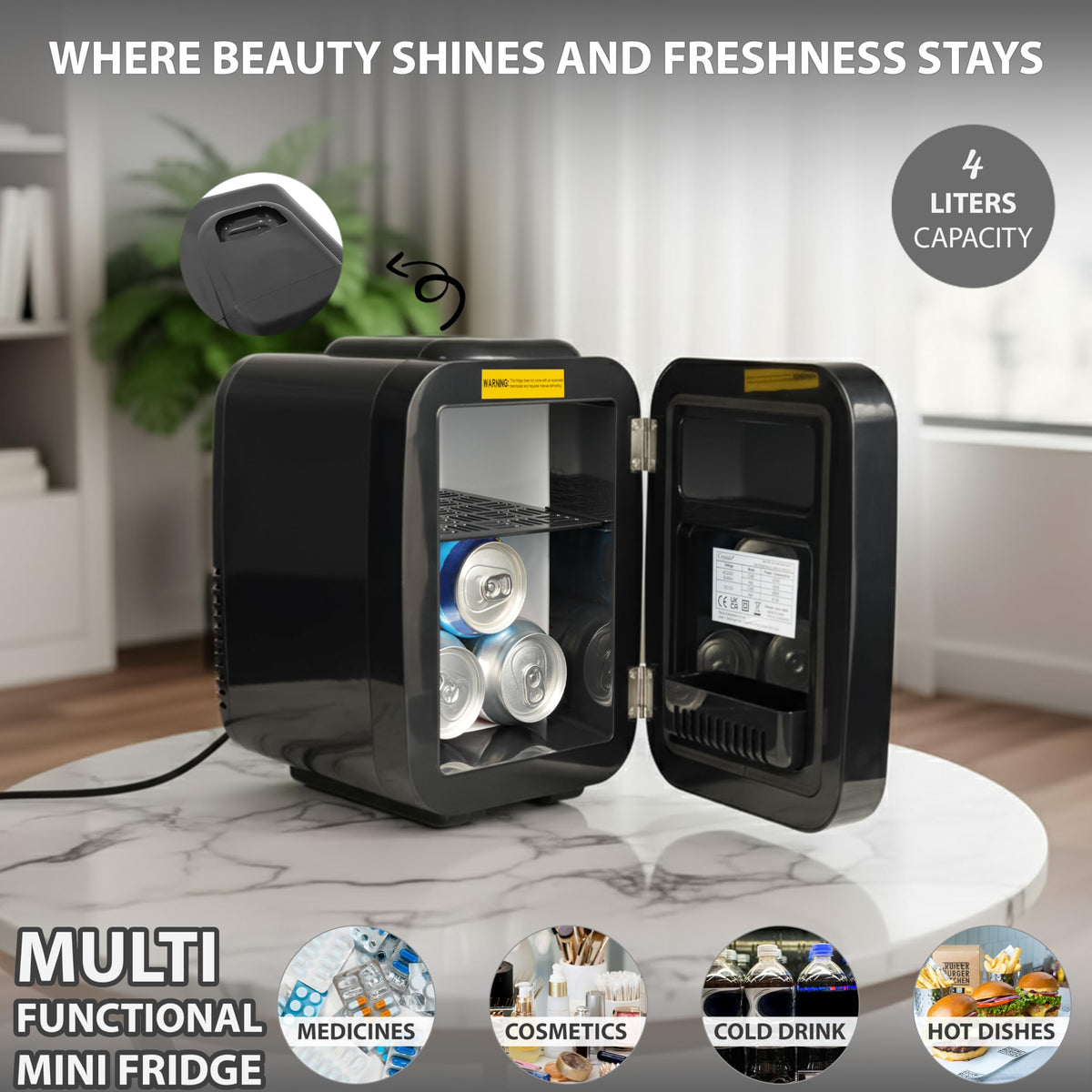 Crystals 4/10/15L Litre Mini Fridge, Table Top Small Fridge Cooler & Warmer for Car Bedrooms Desk Office, 12V DC - 220 AC, Mini Fridge for Bedrooms – Energy Efficient (Black, 4L Litre)
