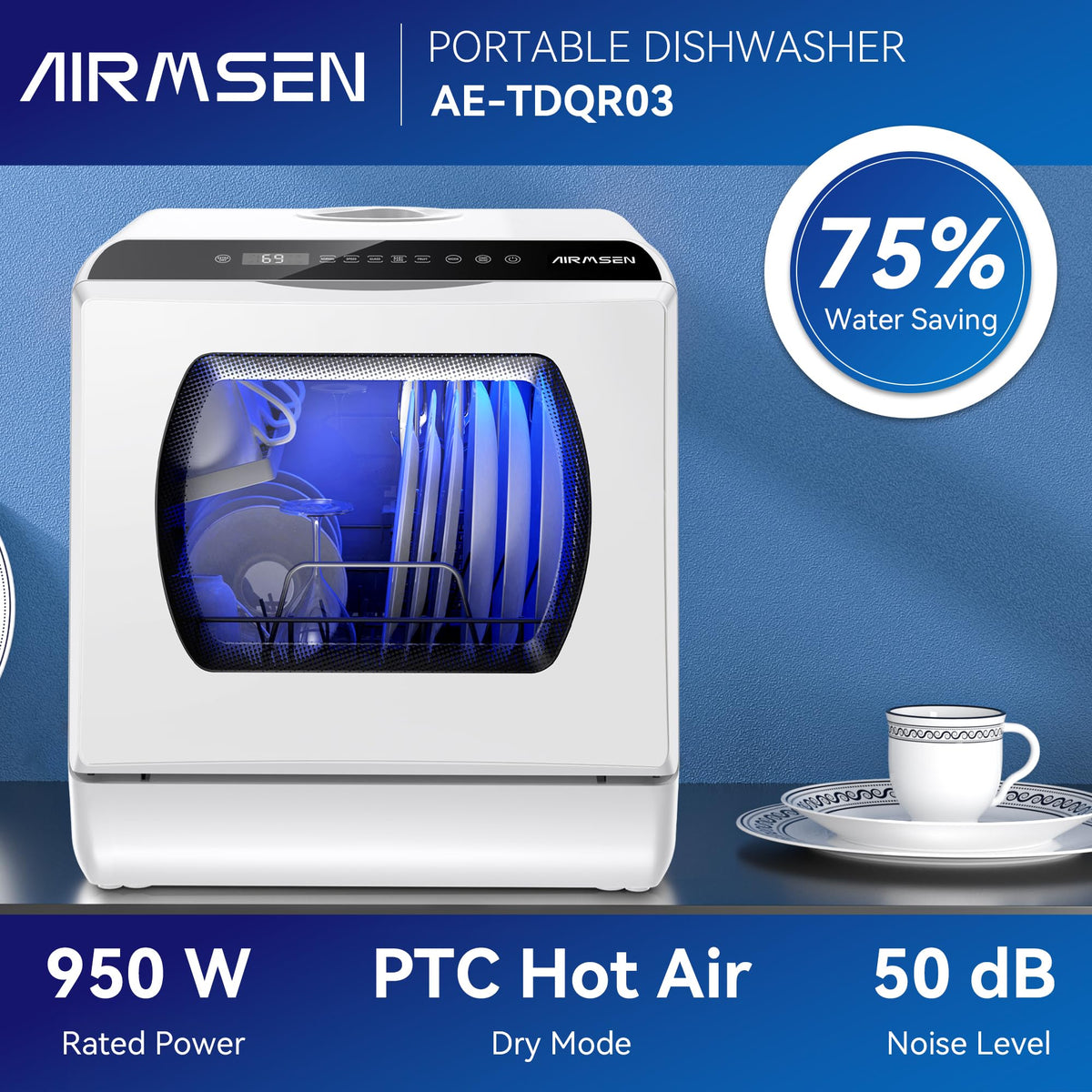 AIRMSEN Mini Table Top Dishwasher - Upgraded 6 Programs, Green
