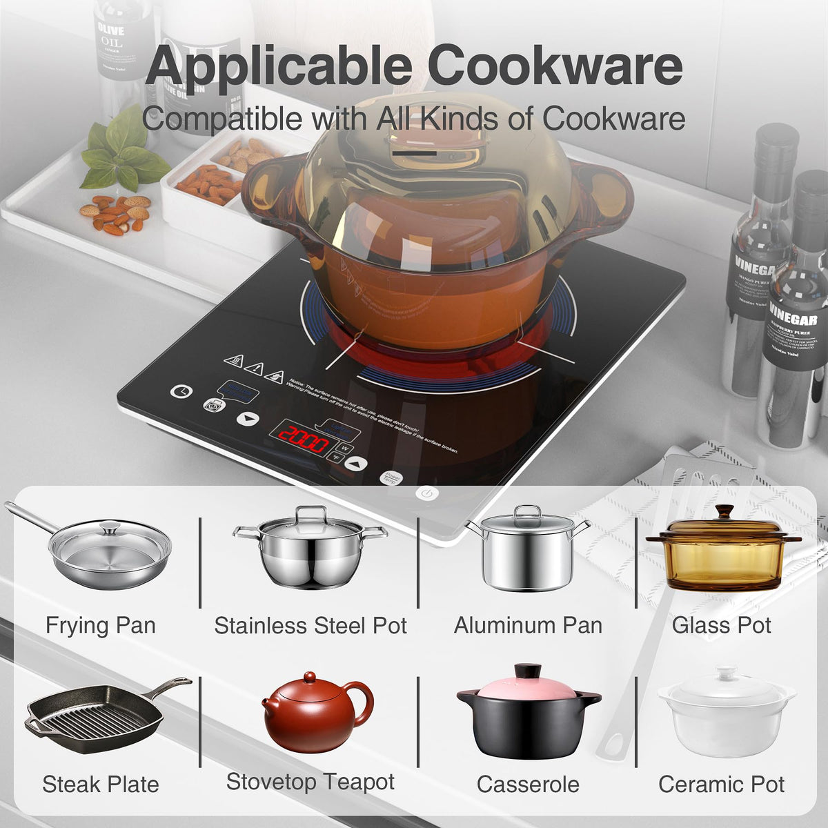 VBGK Portable Ceramic Hob, 2000W Portable Electric Hob, Electric Ceramic Hob, Single Cooking Zone with LED Display, 4-Hours Timer, Safety Lock, Residual Heat Indicator