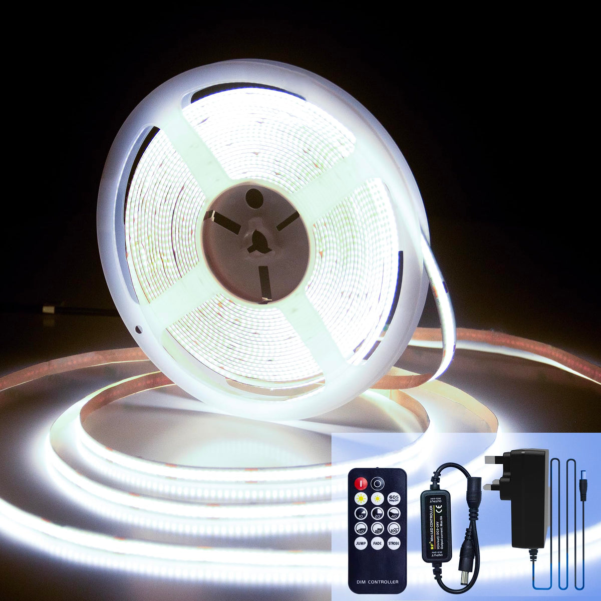 COB LED Strip 7.5m Warm White, 3000K, 24V, Remote Control, 8mm Wide